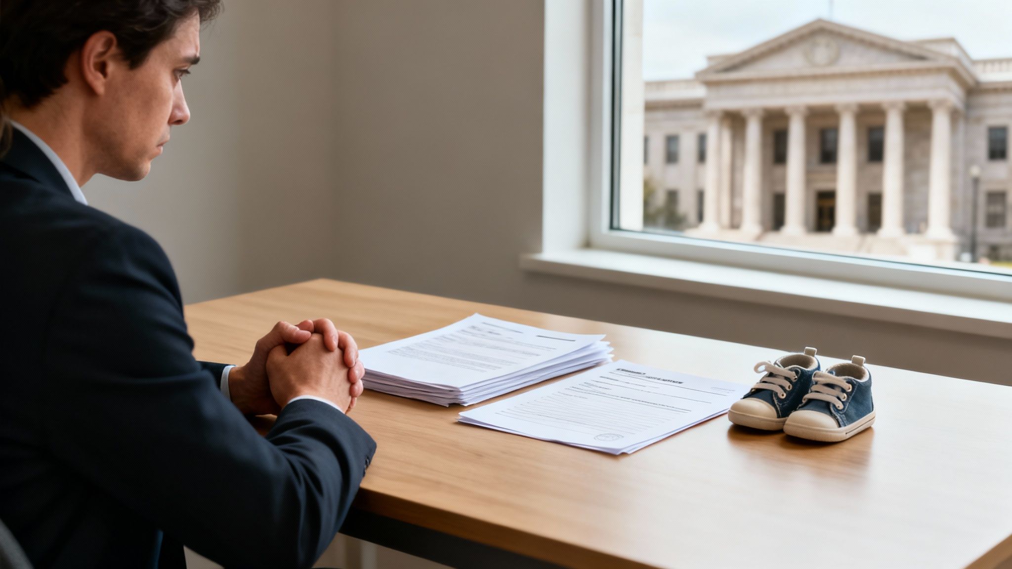A man in in a suit sits at a desk, looking thoughtfully at legal papers and baby shoes, with a courthouse visible outside.