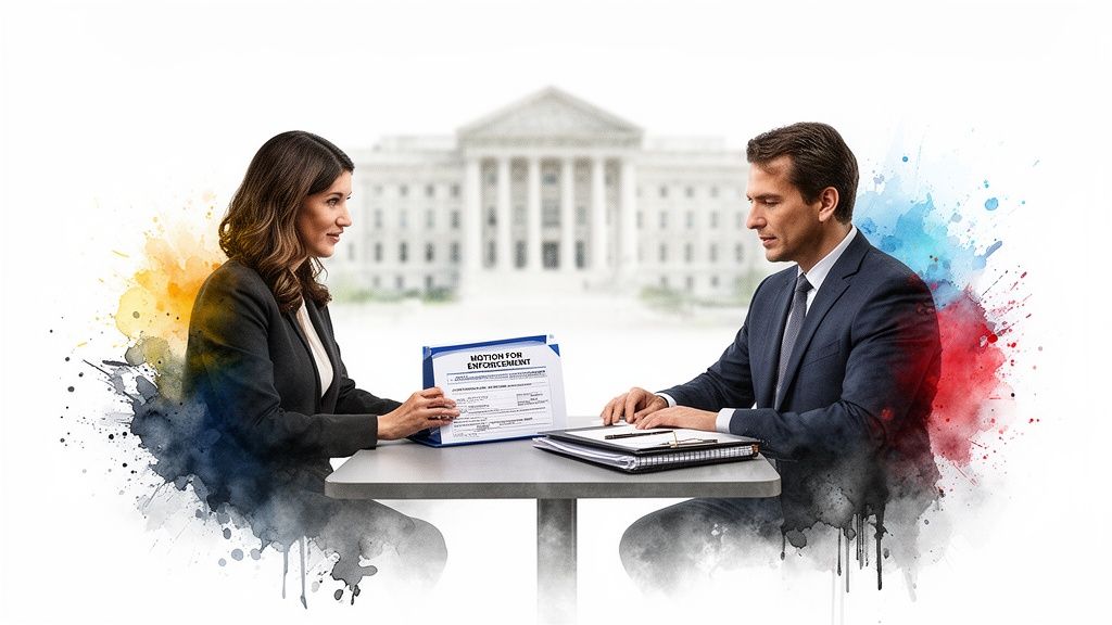 Lawyers discuss a motion for enforcement at a table with a courthouse background and colorful splashes.