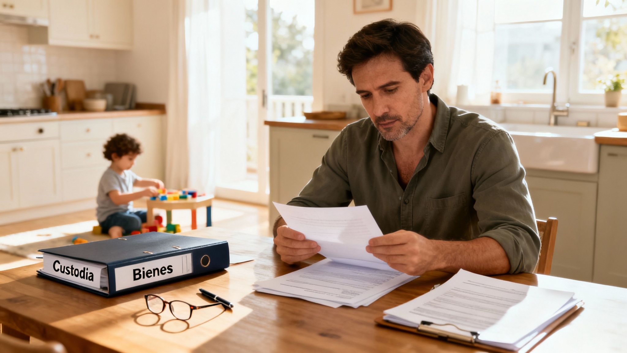Hombre lee documentos de divorcio sobre custodia y bienes con un niño jugando al fondo.