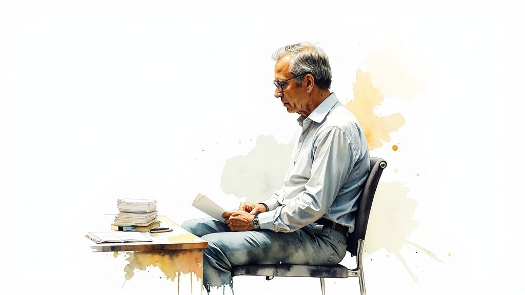 Man sitting at a table with documents and books, preparing for a deposition, emphasizing focus and readiness for testimony.