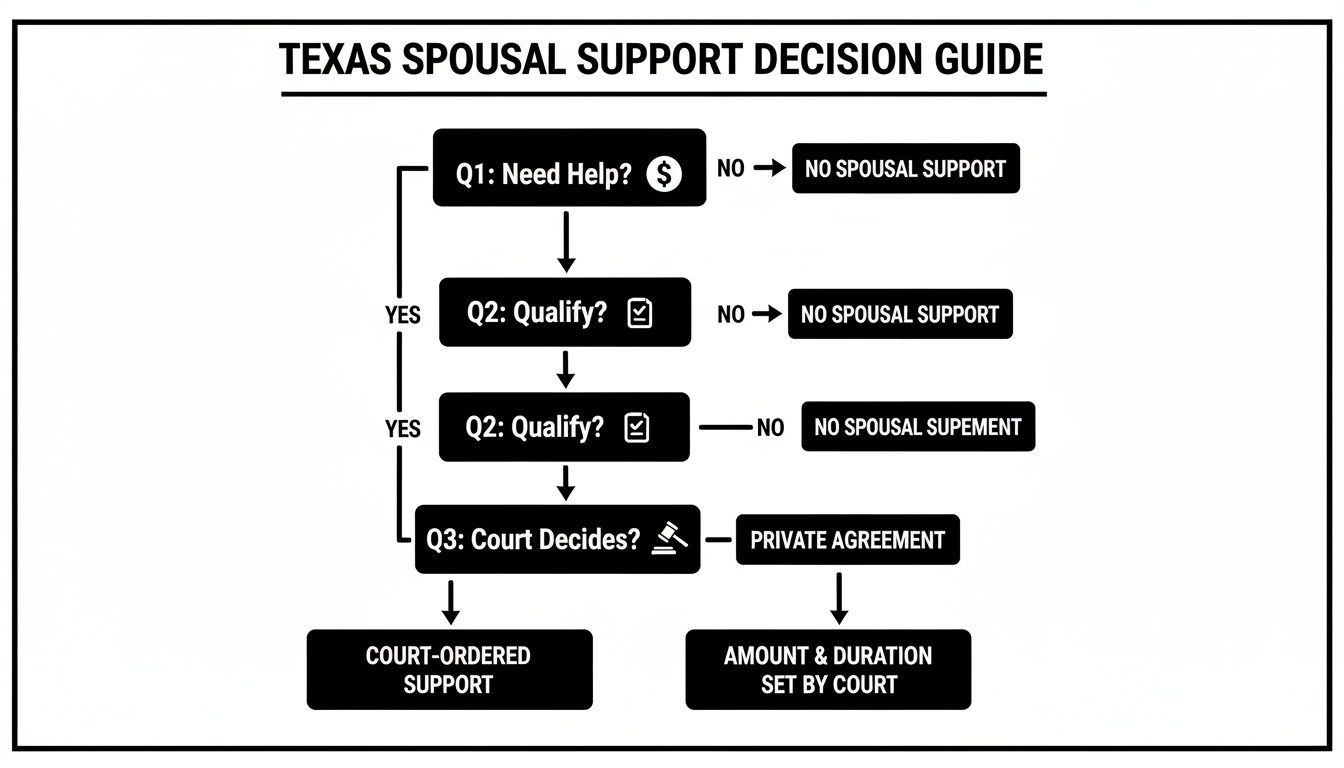 Texas spousal support decision guide flowchart illustrating eligibility questions and outcomes for spousal support claims.