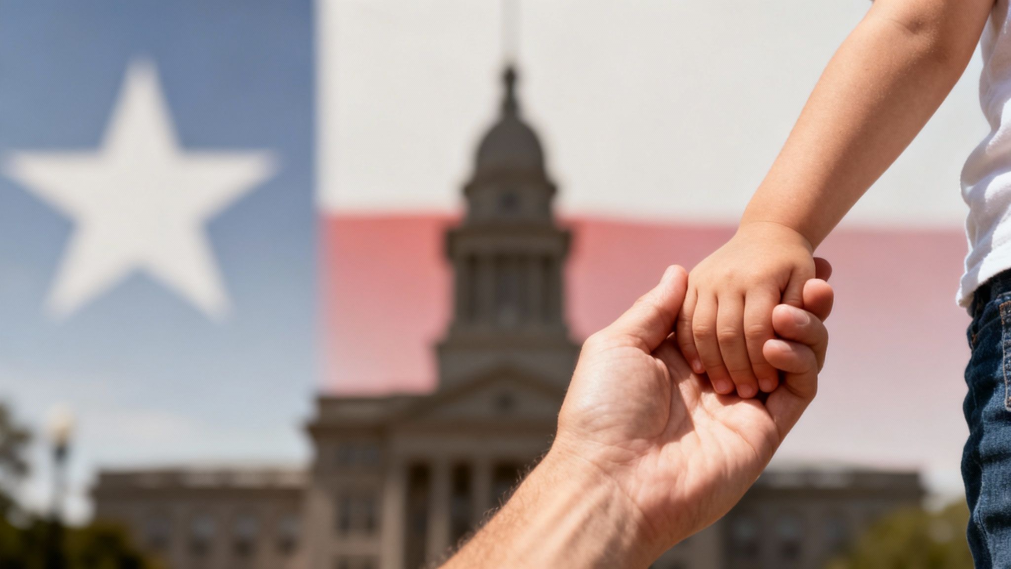 A diverse family smiling and embracing in a warm, sunny park setting.