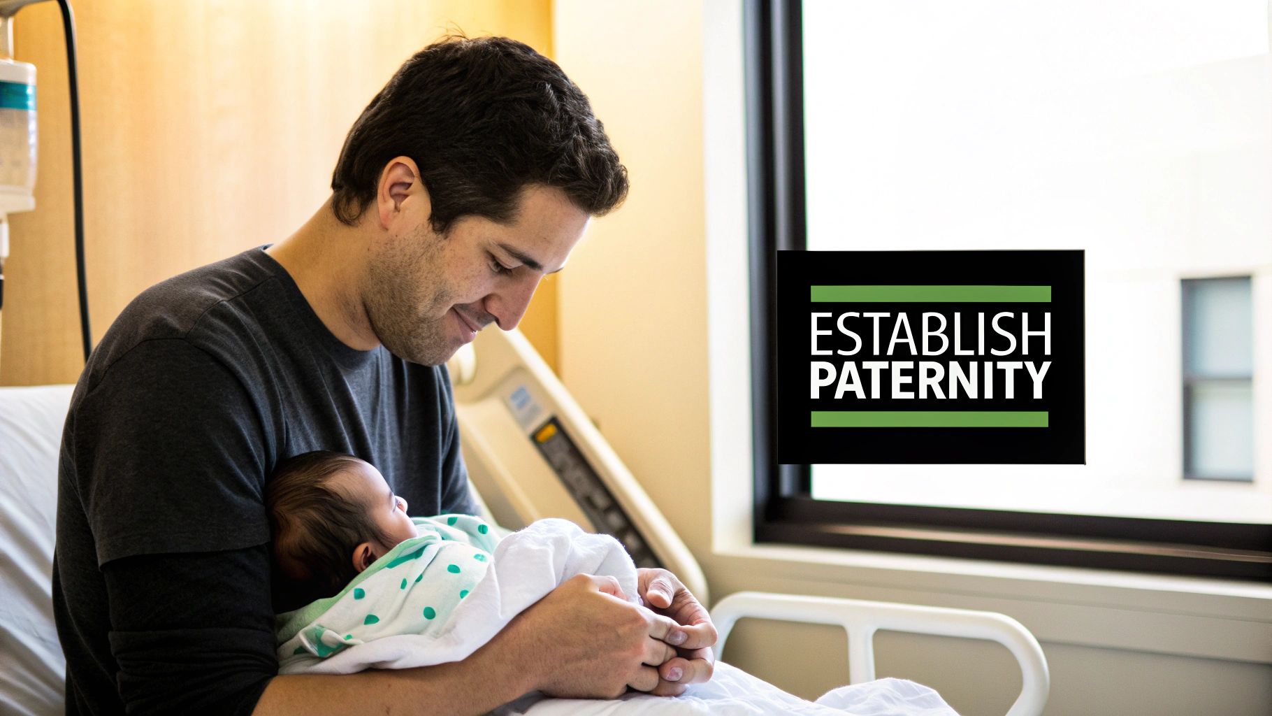 A loving father holds his newborn baby in a hospital room with an 'Establish Paternity' sign.