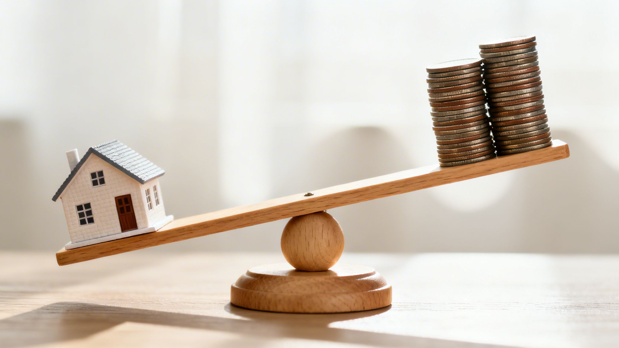 A miniature house and two stacks of coins balanced on a wooden seesaw.