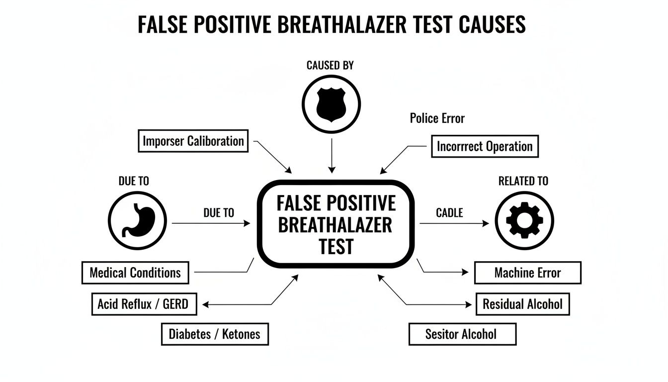 Diagram illustrating causes of false positive breathalyzer test results, including factors like police error, improper calibration, medical conditions (acid reflux, diabetes), and machine errors.