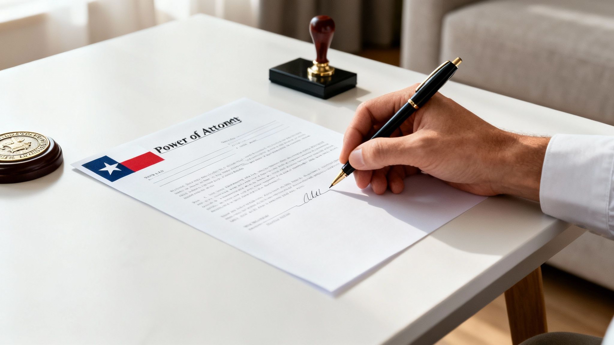 A person's hand signs a Power of Attorney document featuring a Texas flag, next to a notary stamp.