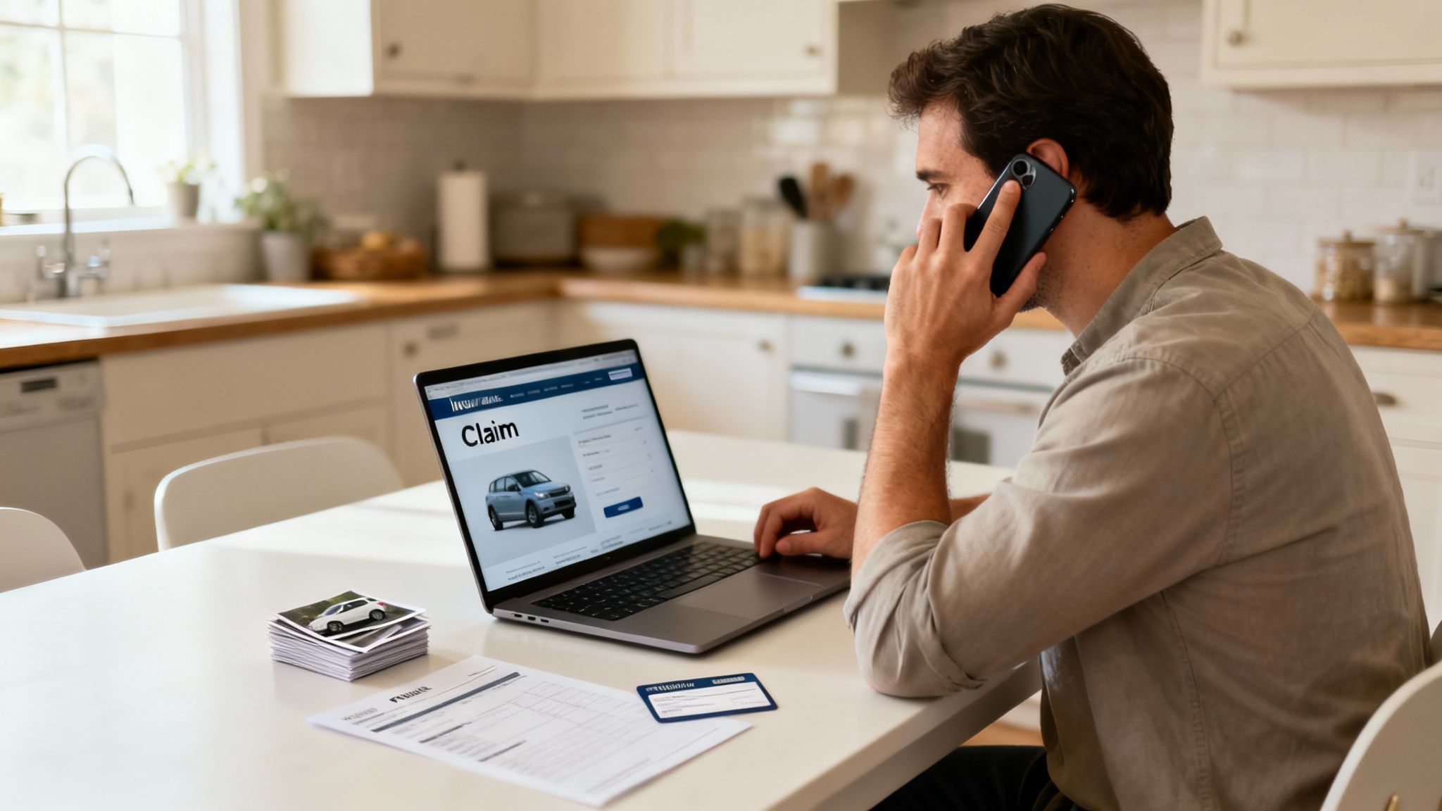 Man on phone making a car insurance claim on his laptop in a modern kitchen.