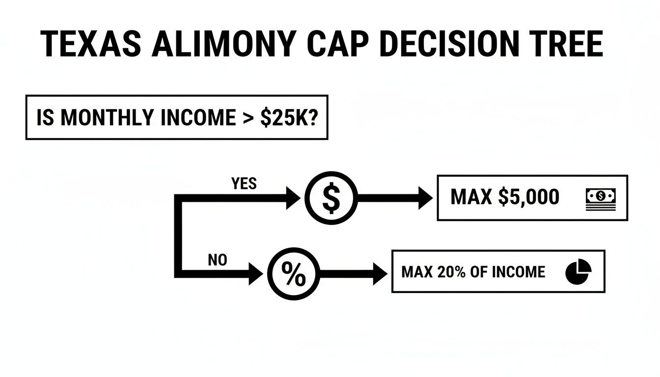 Texas alimony cap decision tree flow chart illustrating rules based on monthly income.