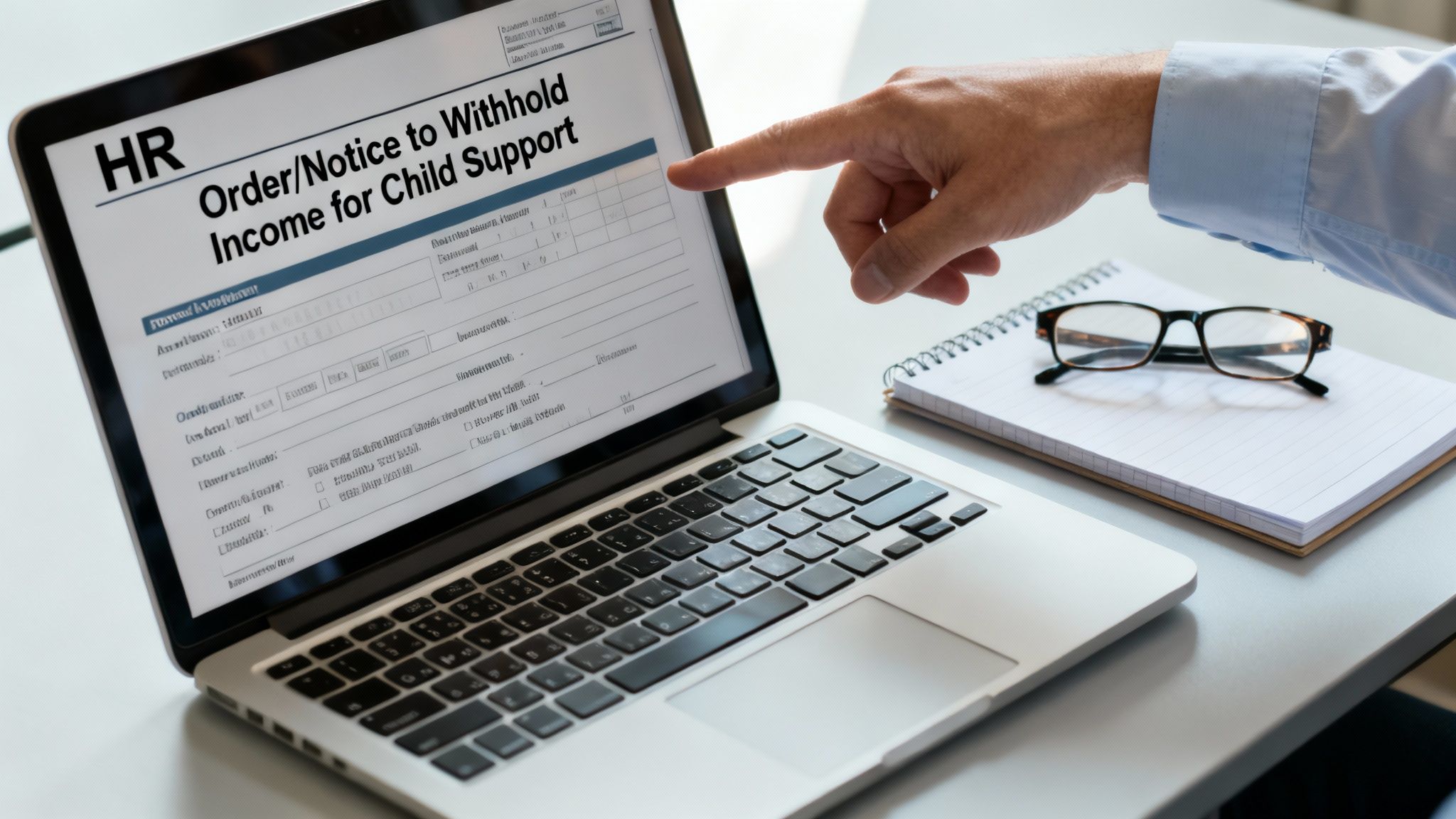 A hand points at a laptop screen showing an HR order for child support income withholding.