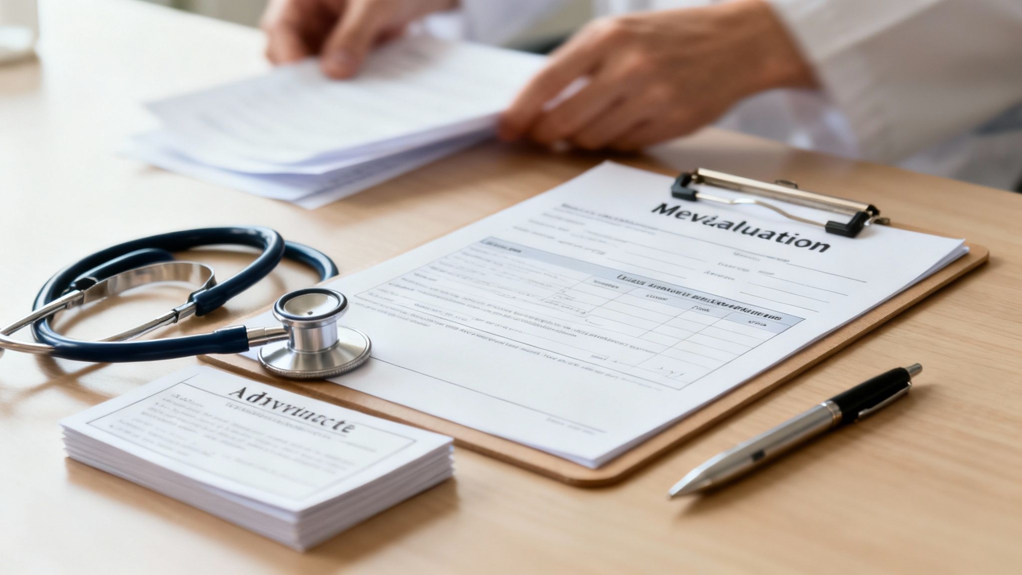 Medical evaluation documents with a stethoscope and pen on a desk, representing the importance of medical assessments for guardianship proceedings in Texas.
