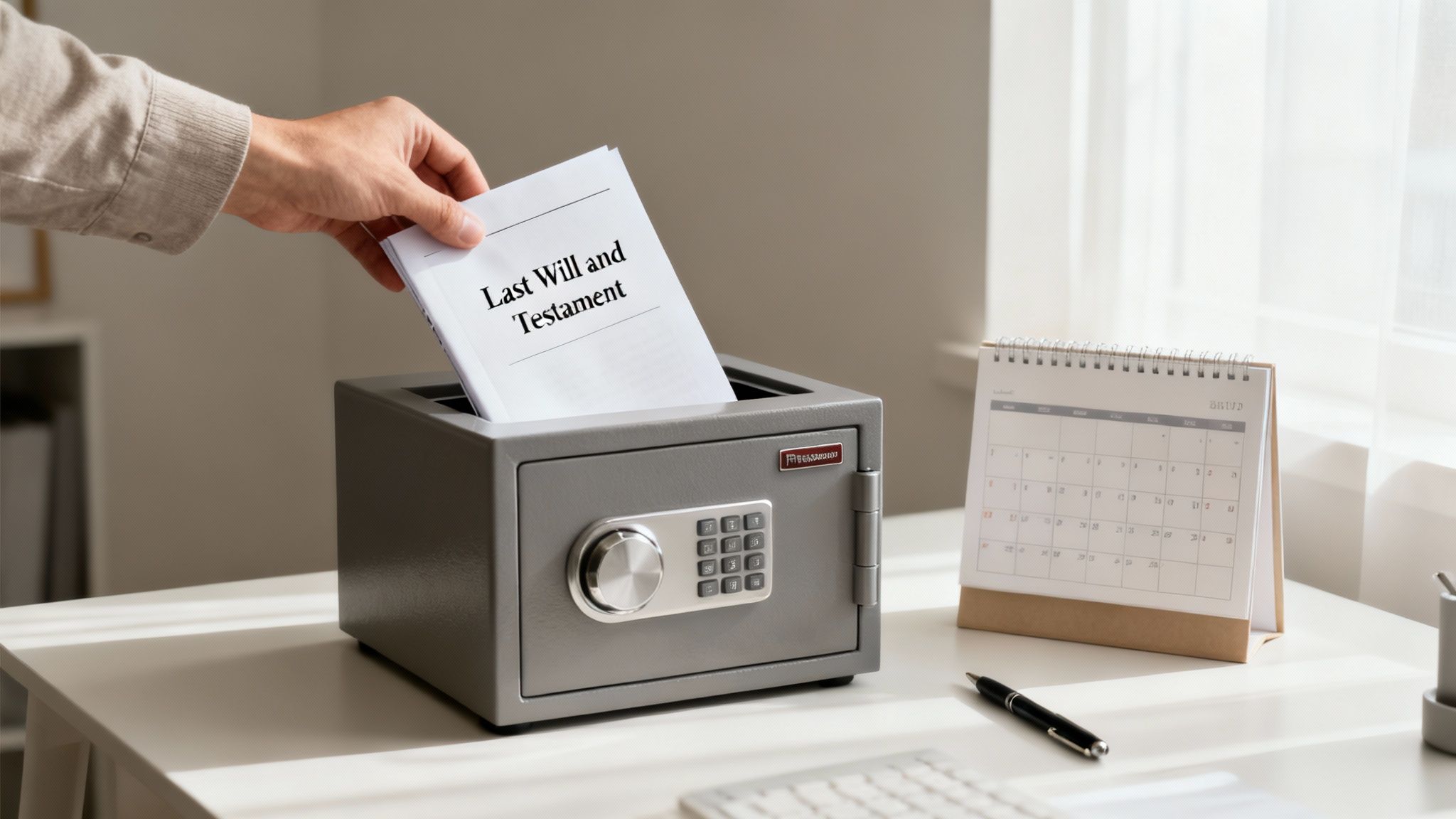 A person's hand places a Last Will and Testament document into a grey safe on a desk.