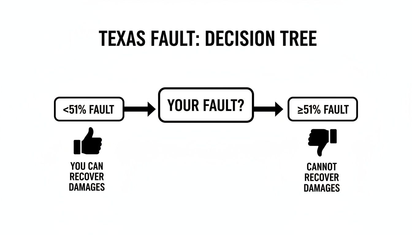 Decision tree explaining Texas fault law for recovering damages based on your fault percentage.