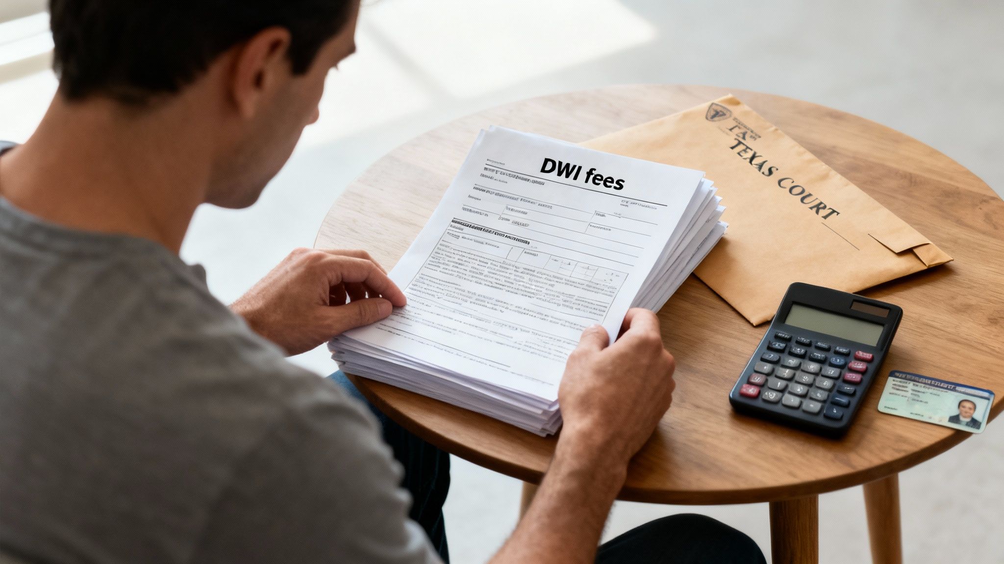 A man reviews DWI fees documents from Texas Court, considering legal costs with a calculator.