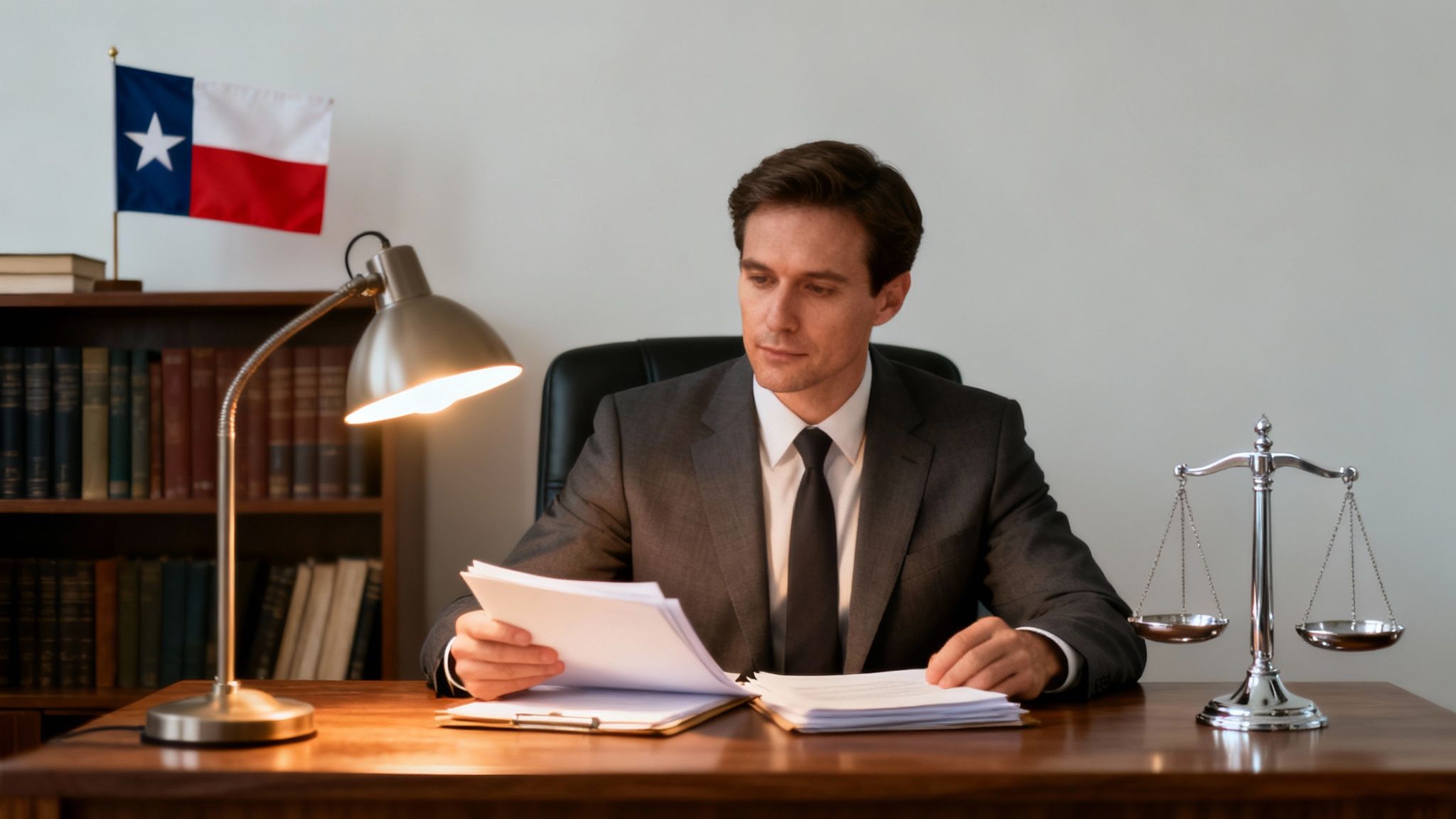 Attorney reviewing legal documents in an office with Texas flag and scales of justice, emphasizing criminal defense and legal representation in Texas.