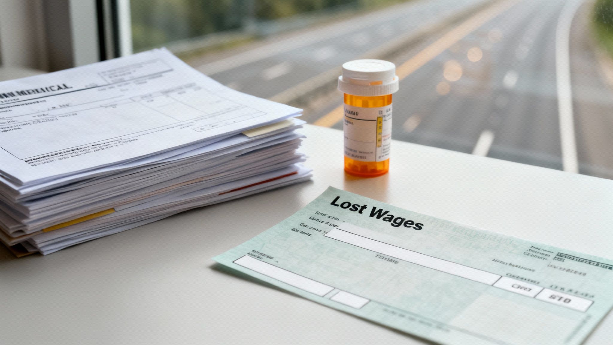 Stack of medical bills, a prescription bottle, and a 'Lost Wages' form by a window overlooking a highway.