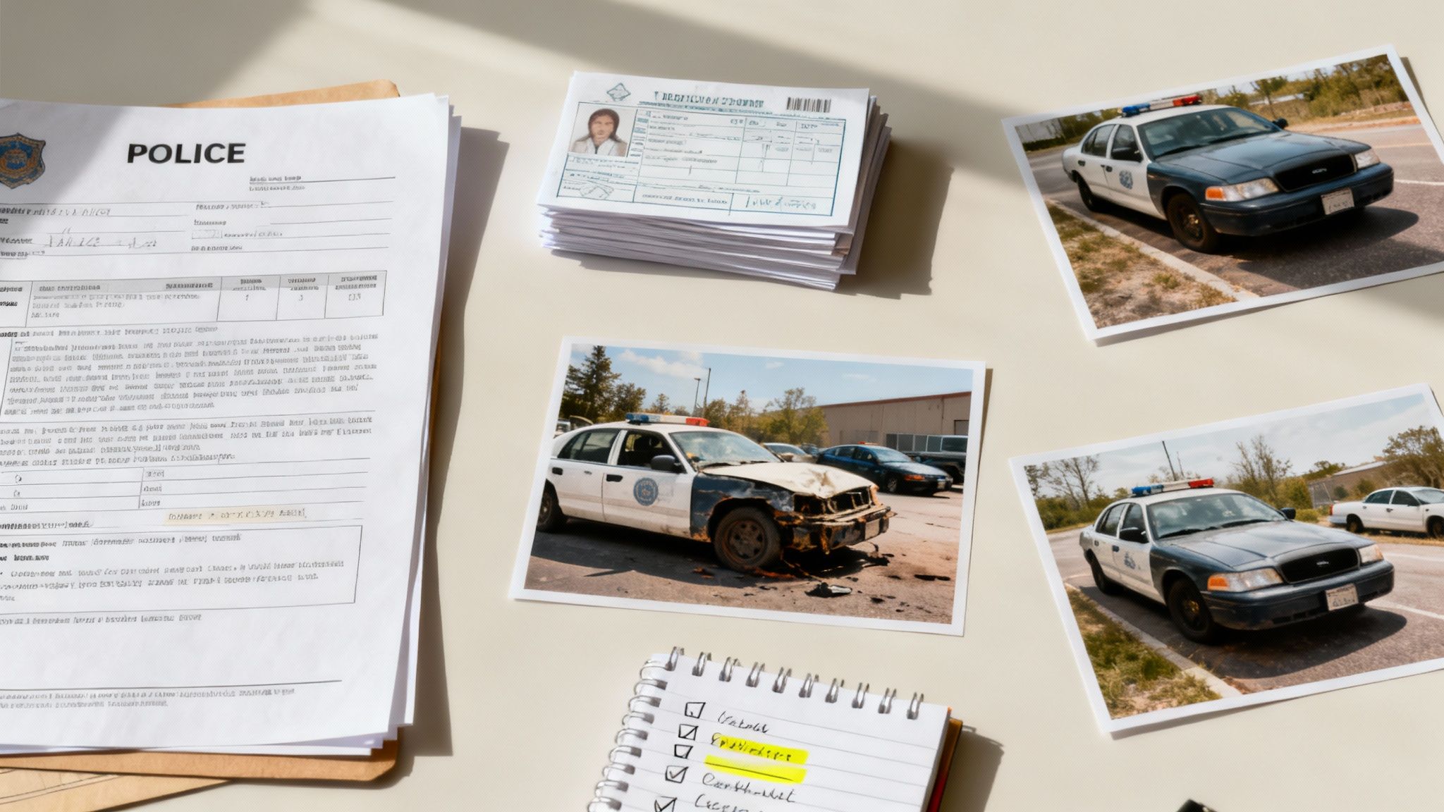 A flat lay shows police documents, ID cards, and photos of damaged and intact police cars.