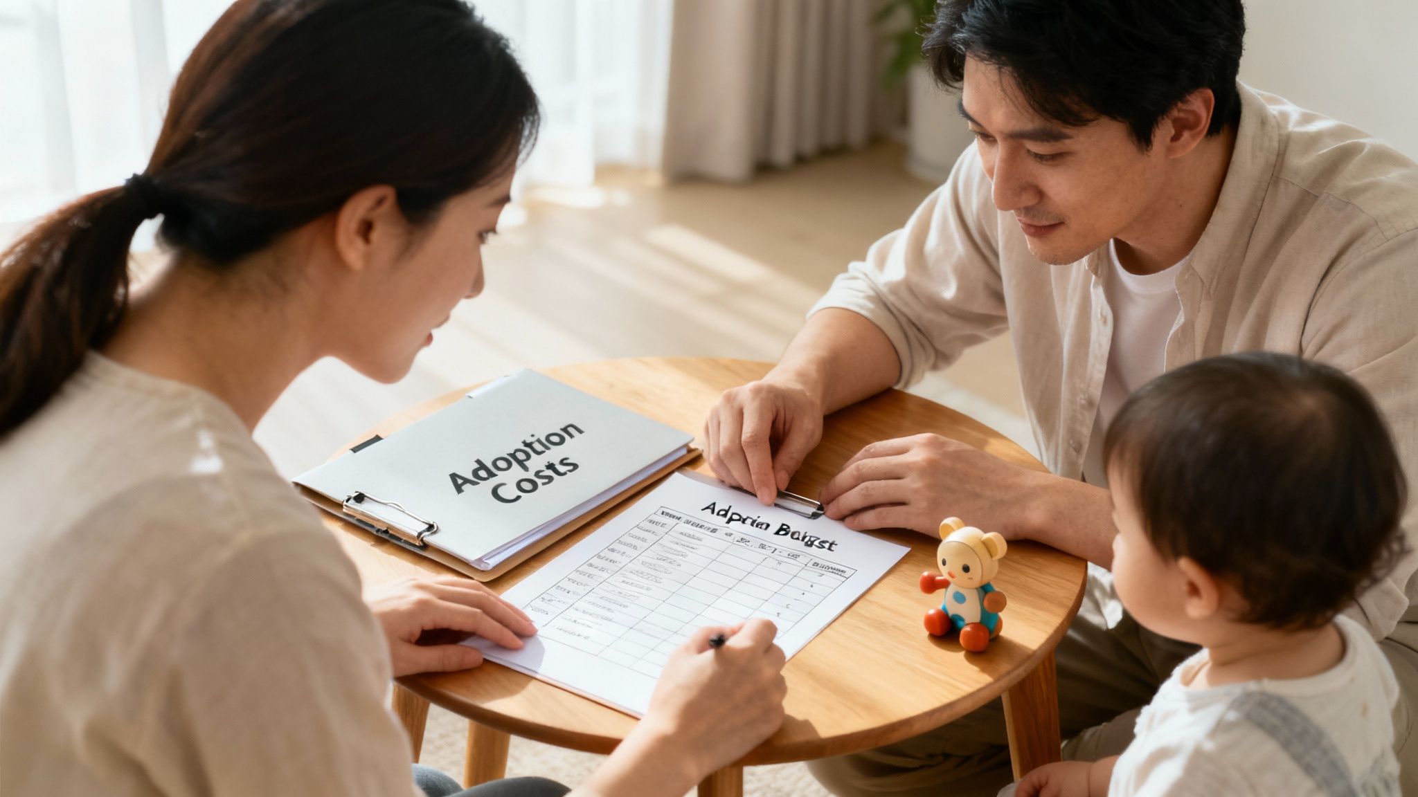 A couple and their baby review 'Adoption Costs' and 'Adoption Budget' documents at a table.