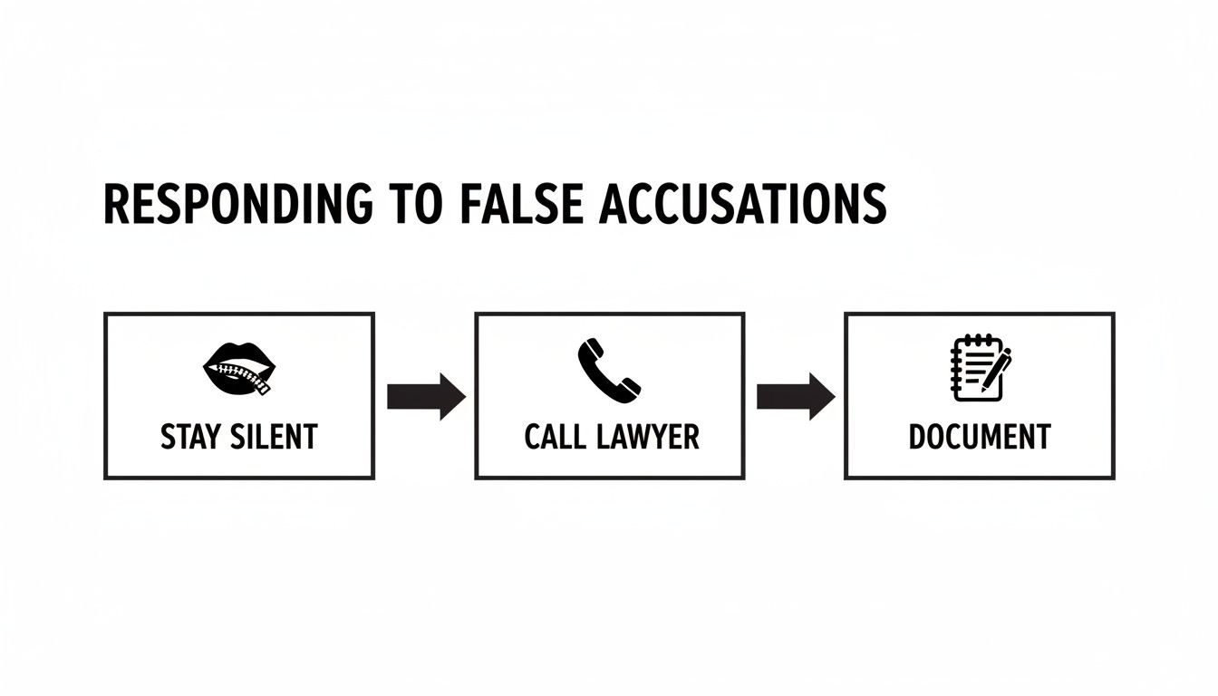 Flowchart illustrating steps for responding to false accusations: stay silent, call lawyer, document interactions.