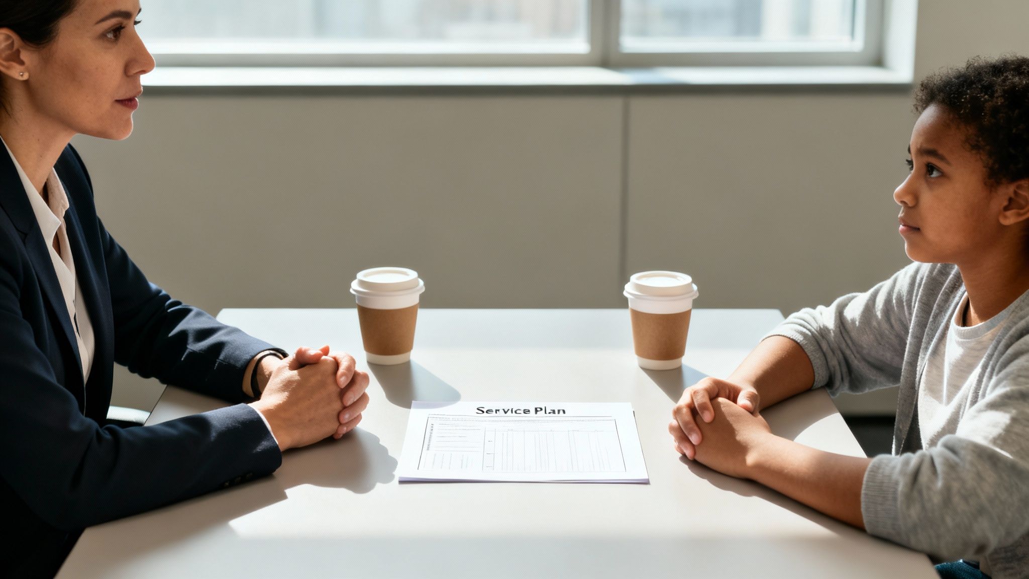 An adult woman and a young girl sit across a table with a 'Service Plan' document, deep in conversation.