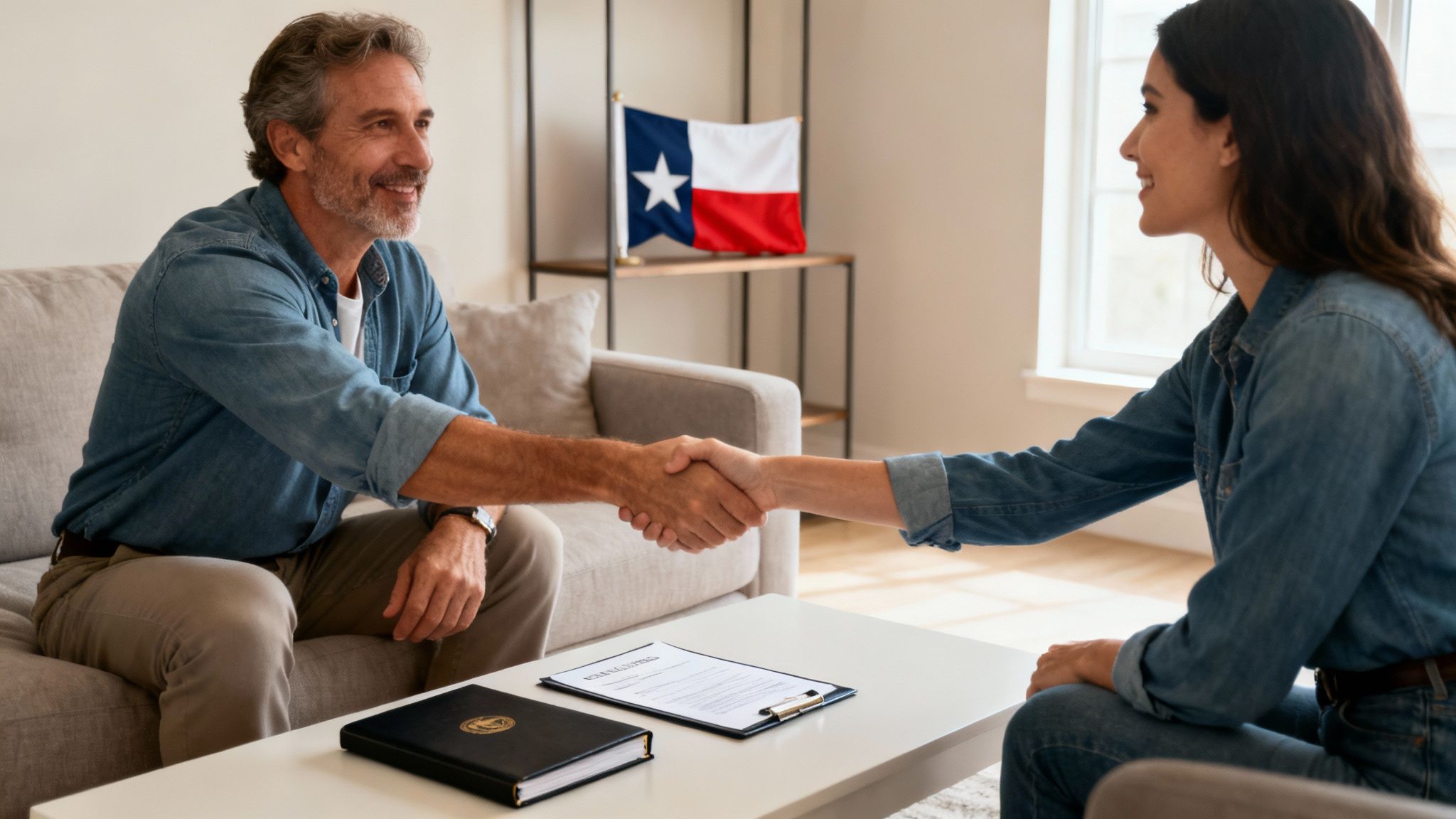 Man and woman shaking hands over a table with a lease agreement, Texas flag in the background, symbolizing landlord-tenant relationship and responsibilities in Texas.