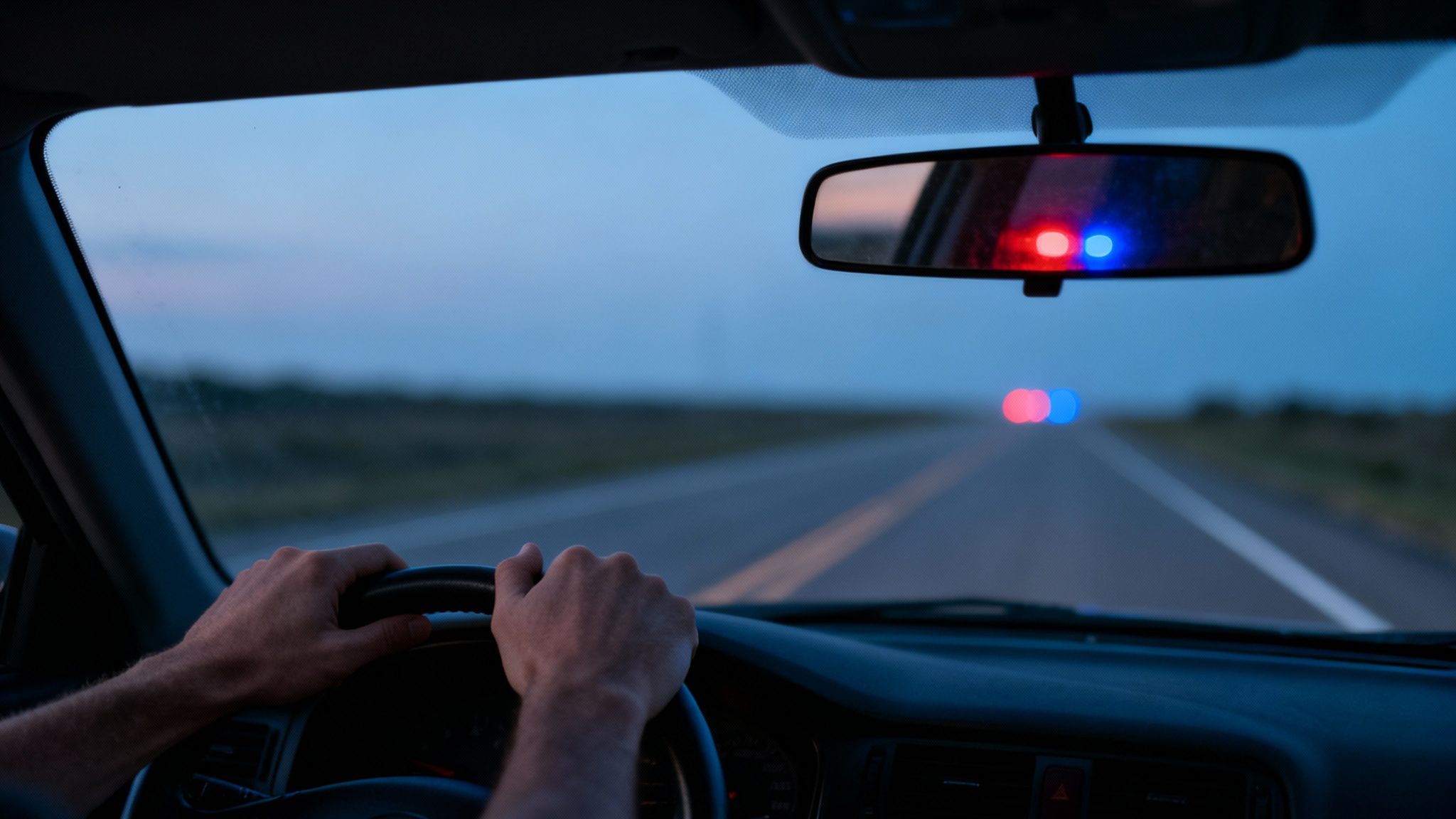 Driver's hands gripping the steering wheel, with red and blue police lights visible in the rearview mirror, illustrating the panic of a potential traffic stop and the legal implications of evading arrest in Texas.
