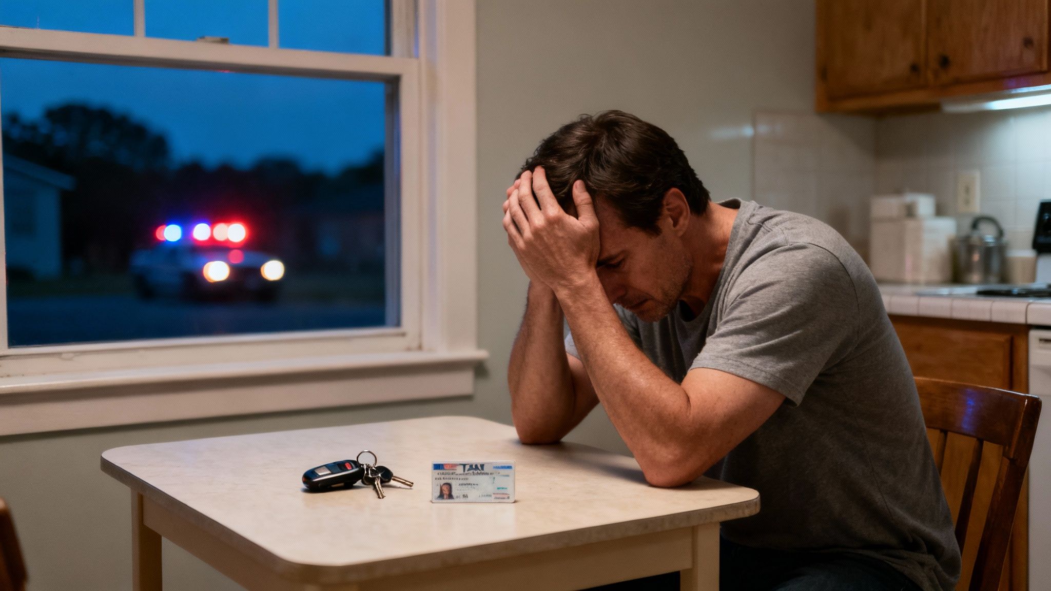 Hombre angustiado en una cocina con llaves, identificación y luces de policía afuera, sugiriendo un arresto.