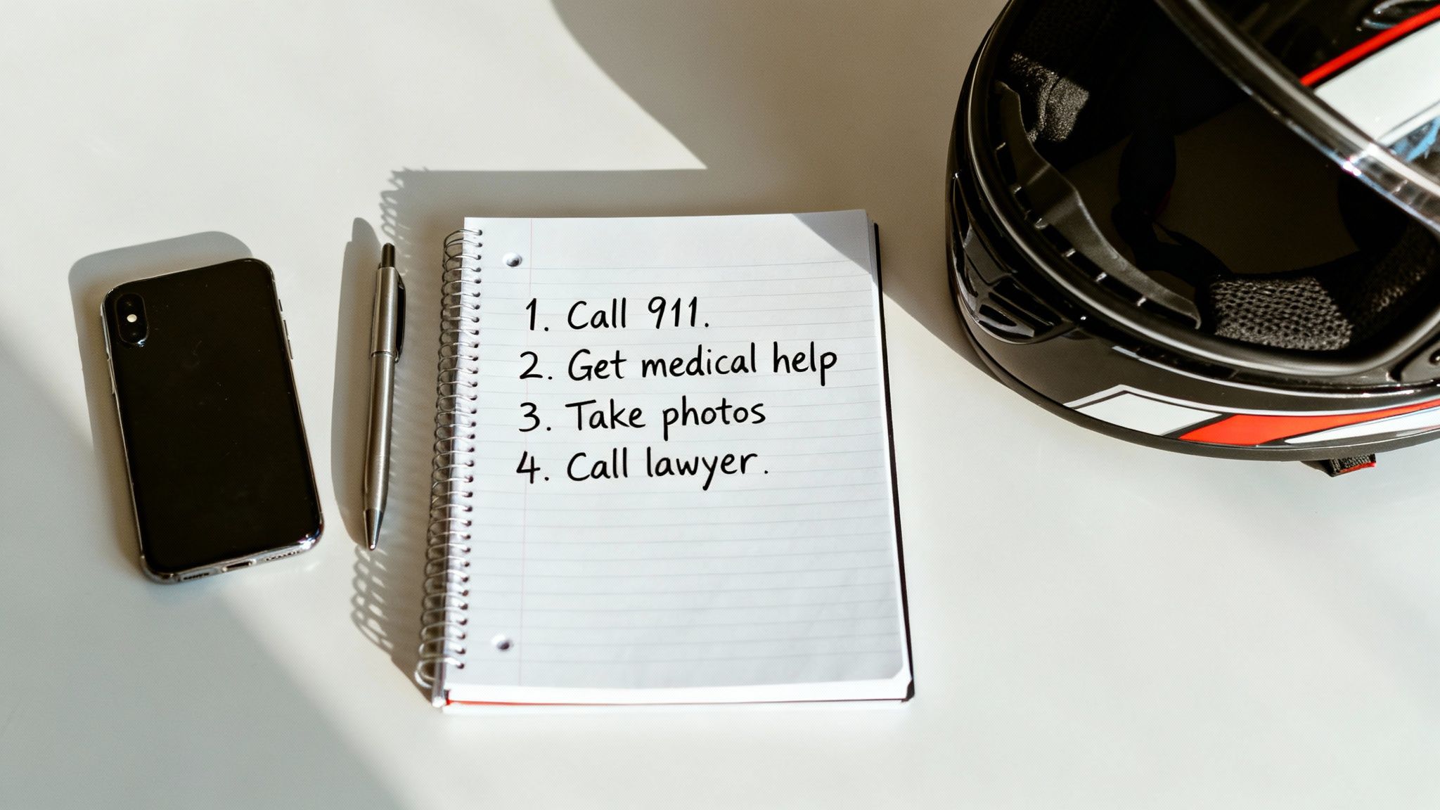 A notebook with a post-accident checklist, a smartphone, pen, and motorcycle helmet on a white surface.