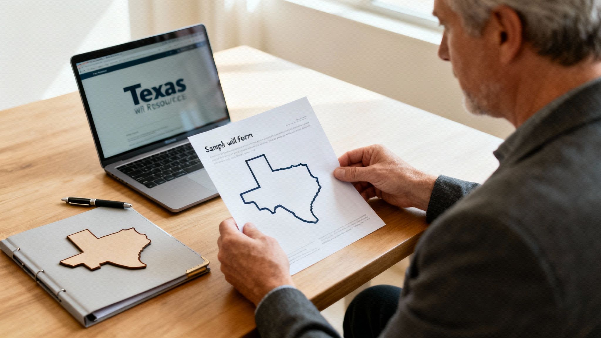 An older man reviews a sample Texas will form with a laptop displaying a will resource website.