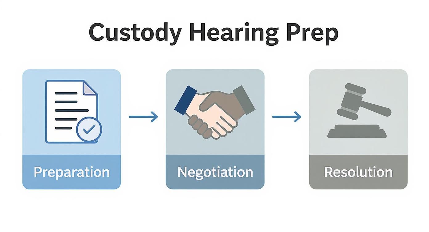 Custody hearing preparation flowchart illustrating steps: preparation, negotiation, and resolution, emphasizing organized case management for favorable outcomes.
