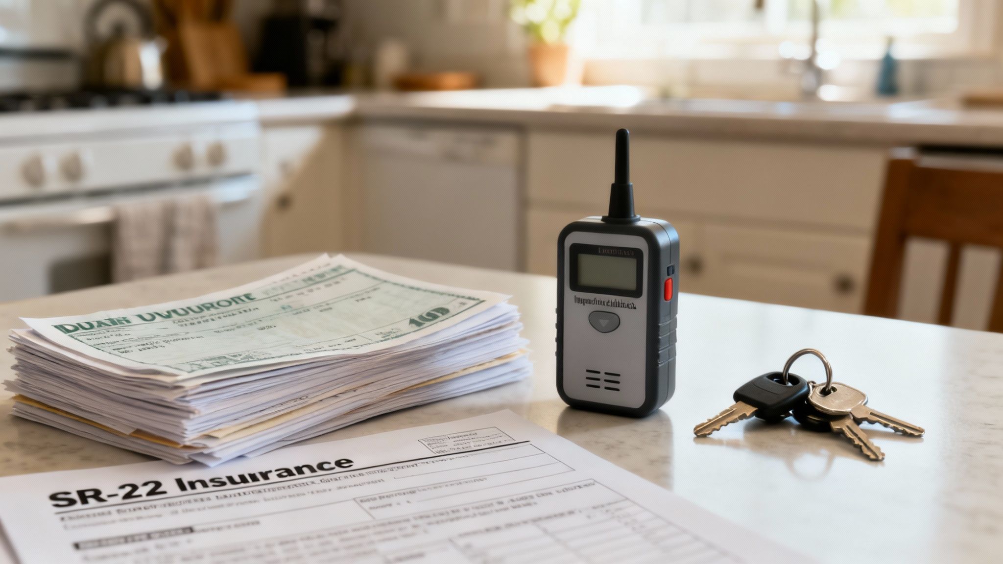 A person holding car keys with an ignition interlock device attached.