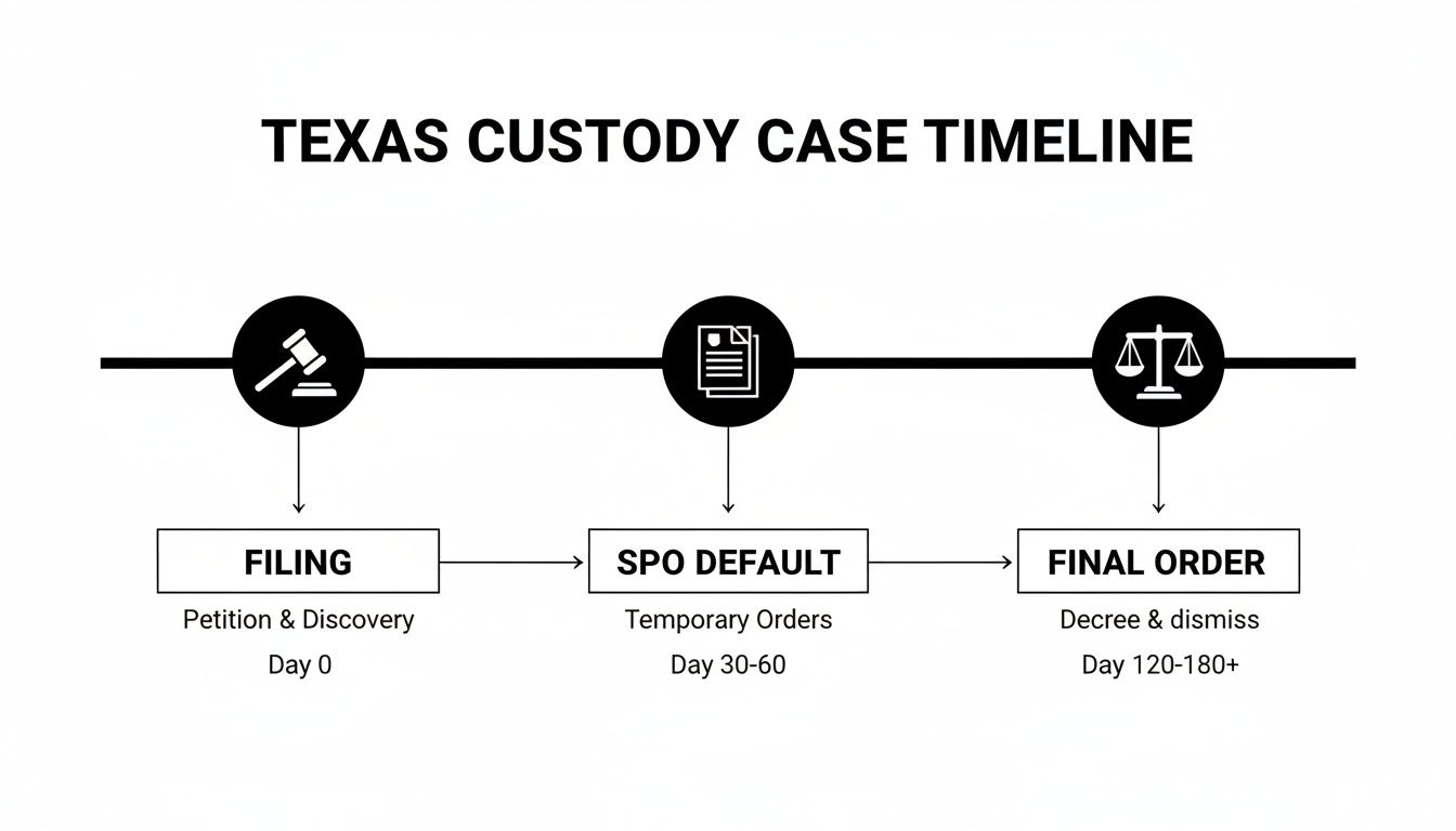 Timeline outlining the key stages of a Texas custody case, from filing to final order.