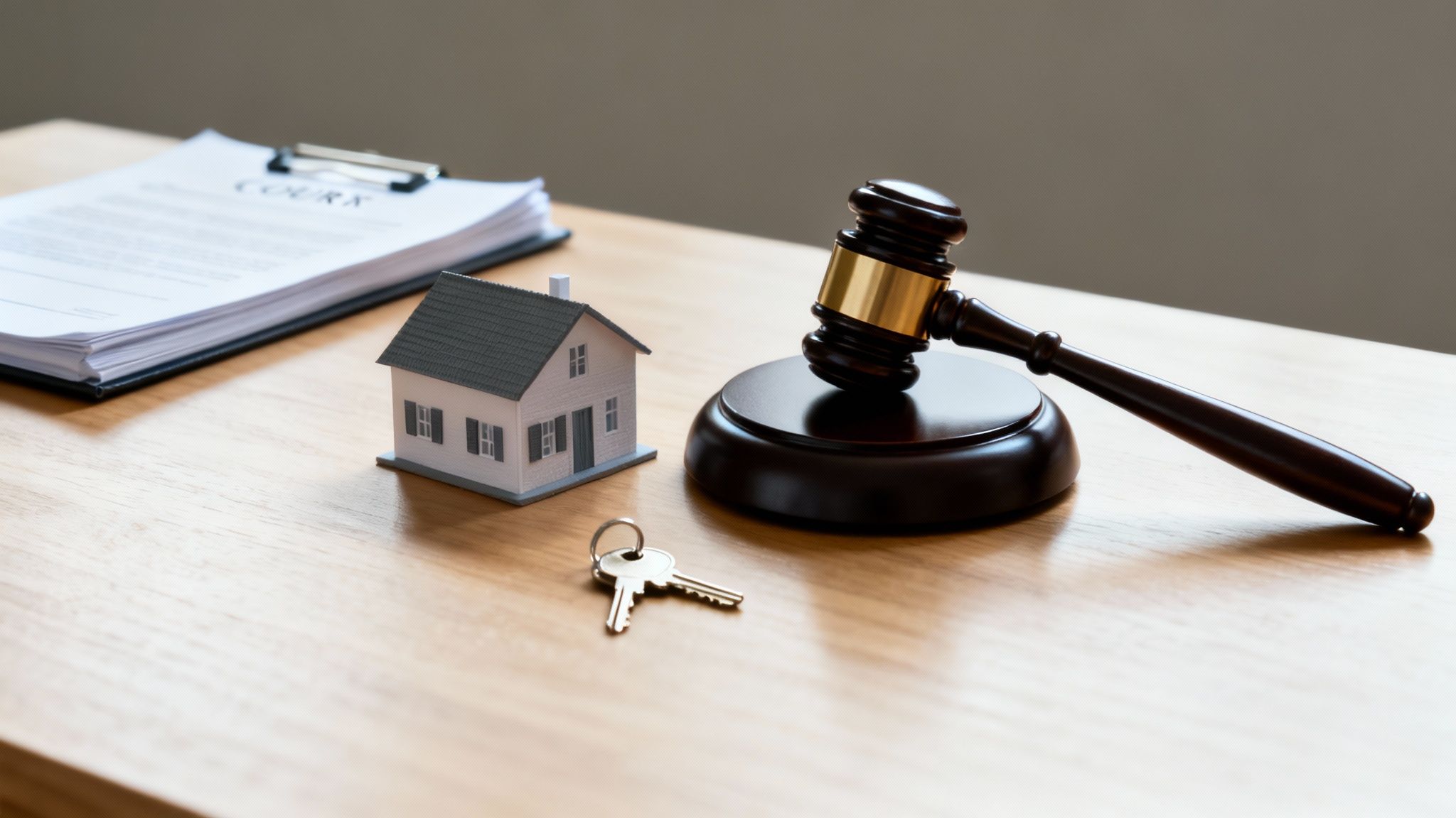 A miniature house model, keys, and a judge's gavel on a table next to court documents.