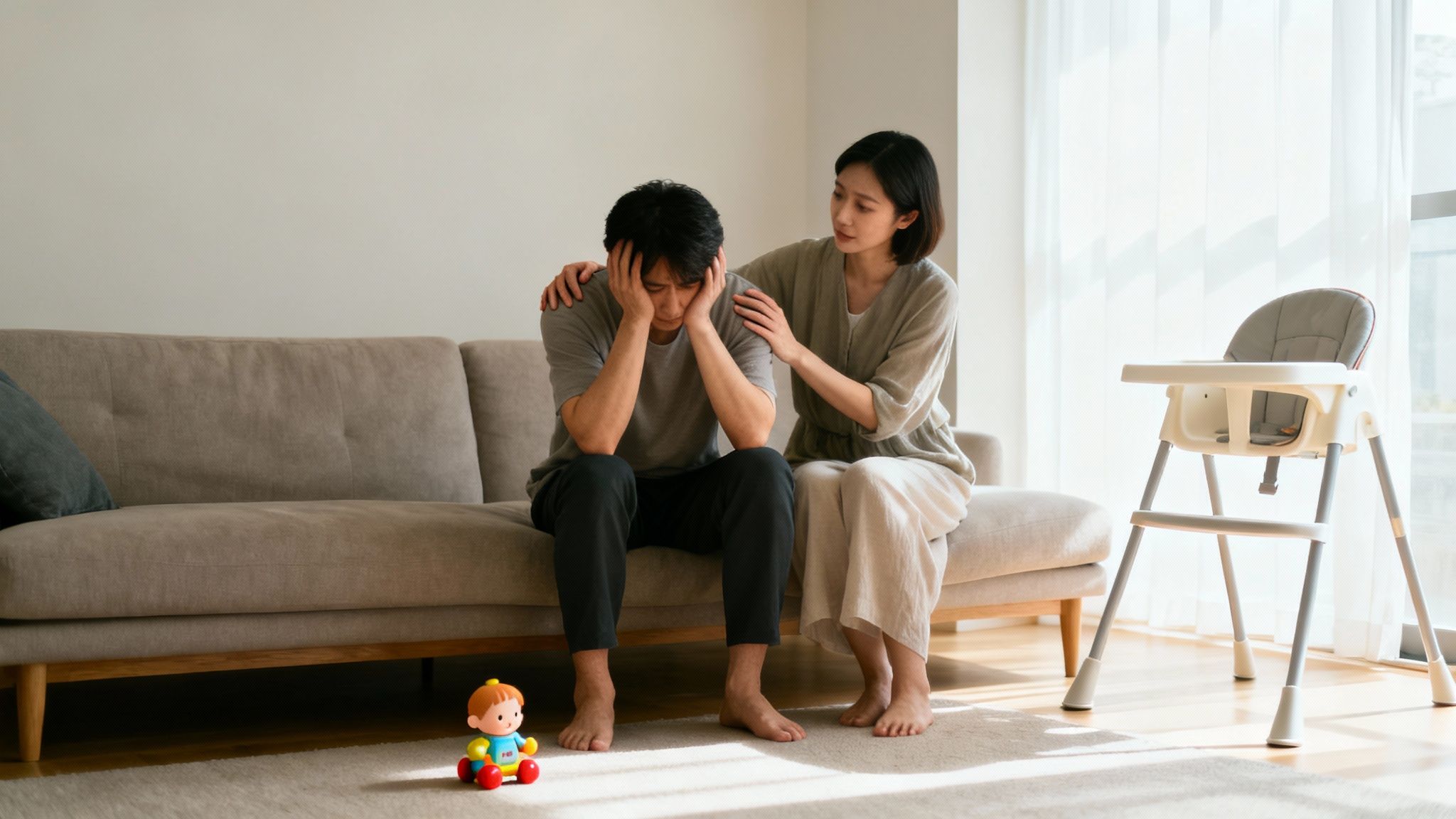 A distressed man is comforted by a woman on a couch, with baby items nearby.