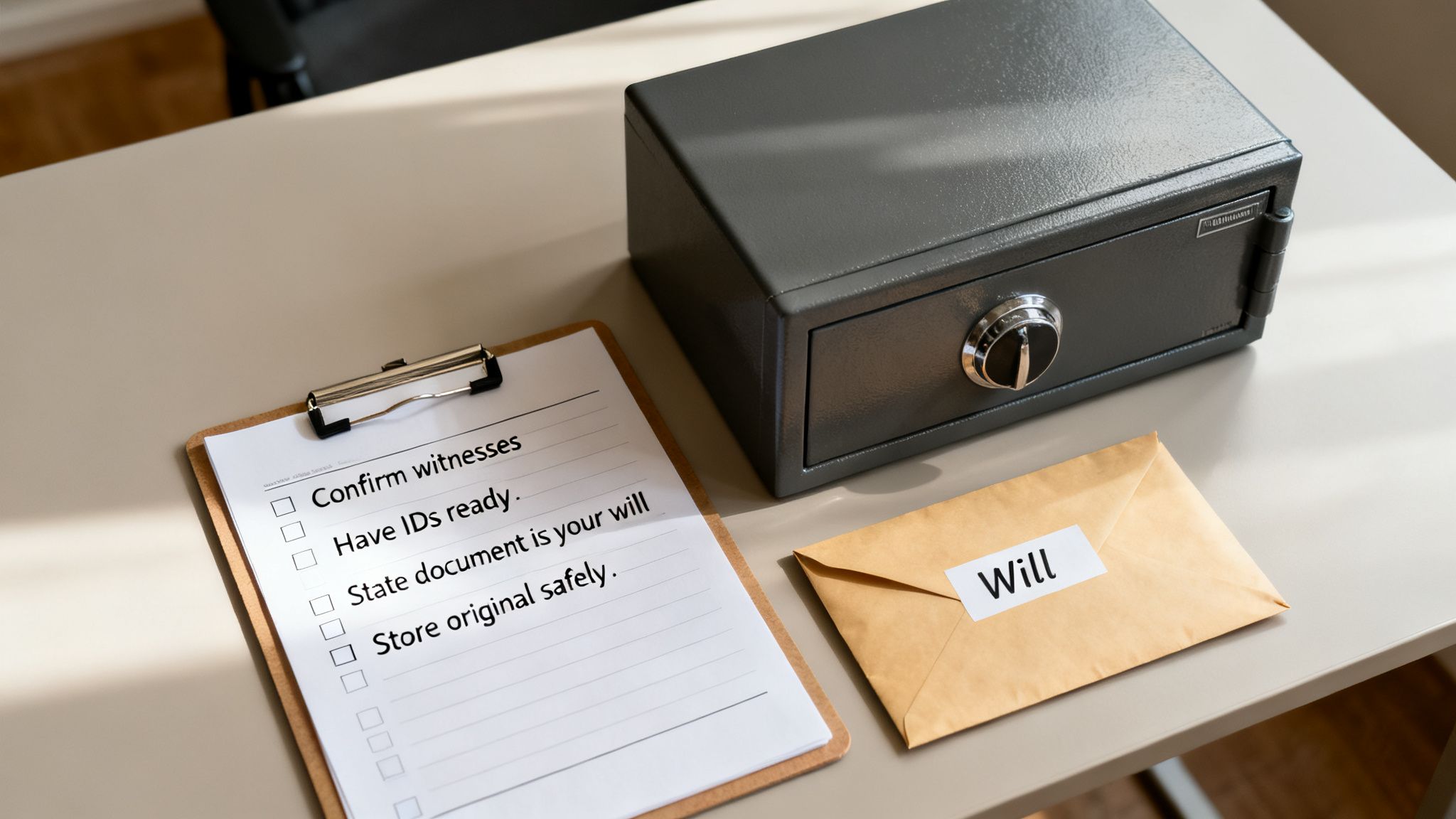 A gray safe, clipboard with a will checklist, and an envelope labeled 'Will' on a table.