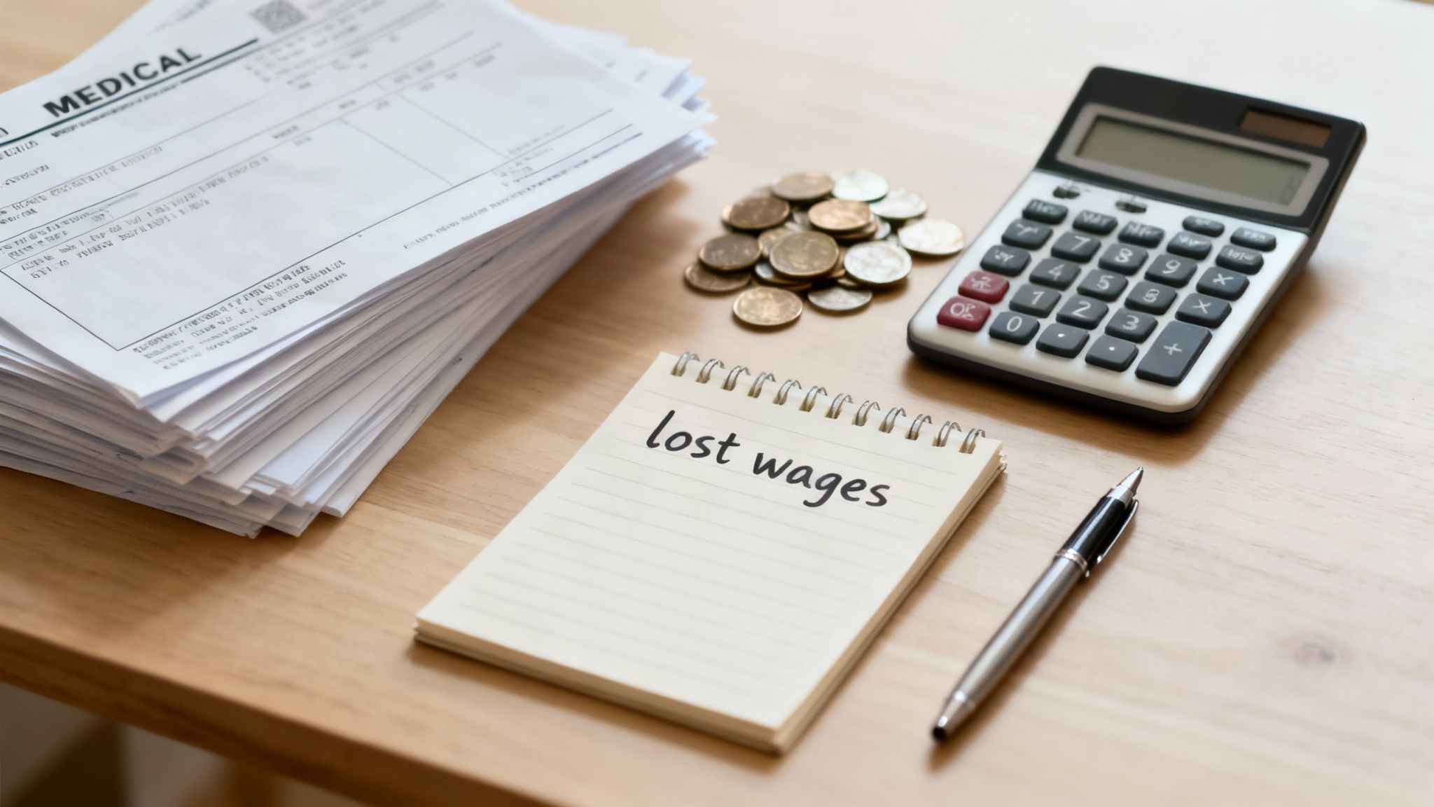 A calculator and legal documents, symbolizing the calculation of a claim's value