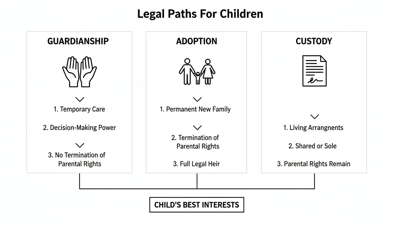Flowchart outlining legal paths for children: Guardianship, Adoption, and Custody, all centered on the child's best interests.