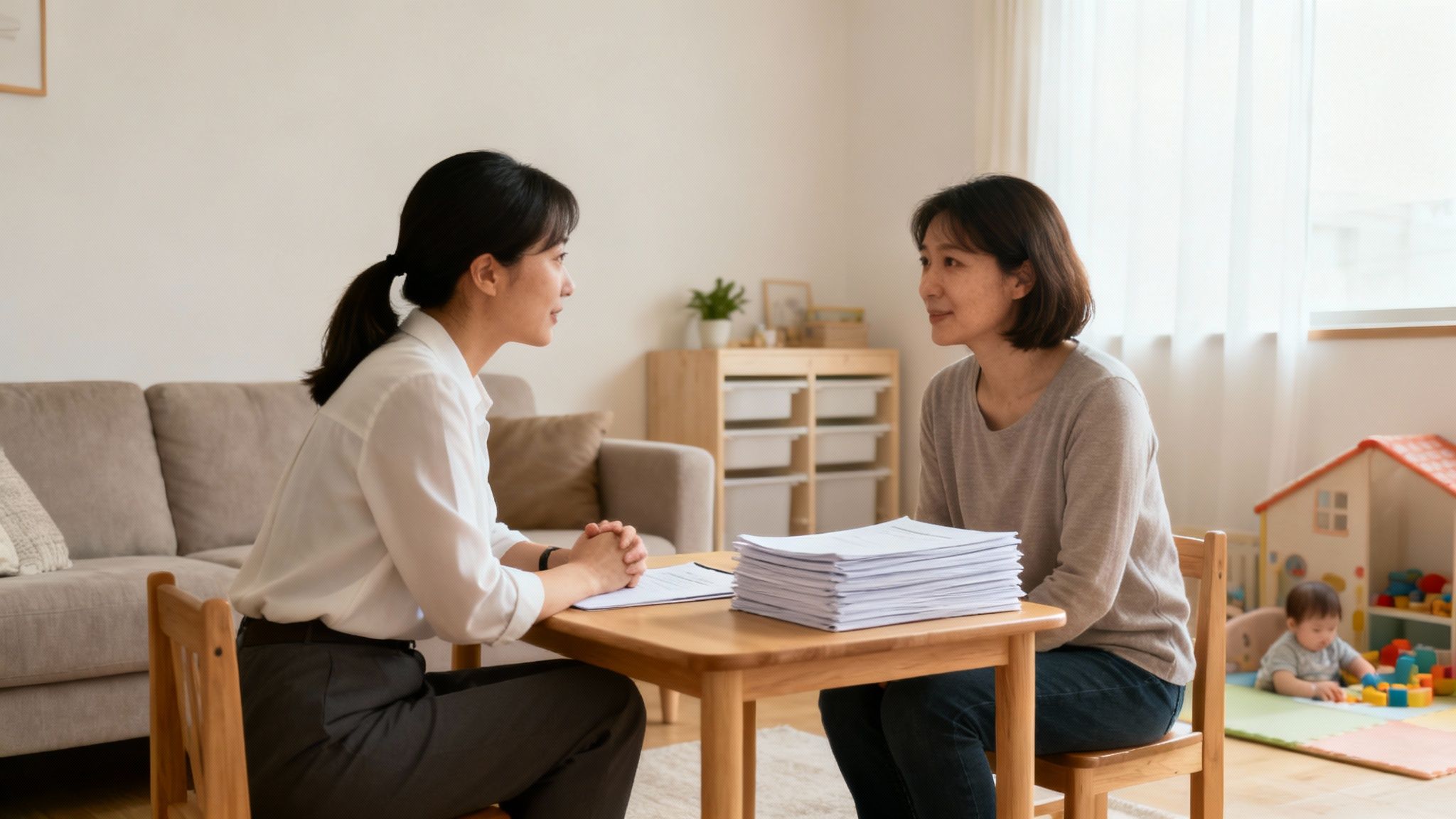 Women discussing adoption paperwork in a cozy home setting, emphasizing the importance of family and support in the adoption process.