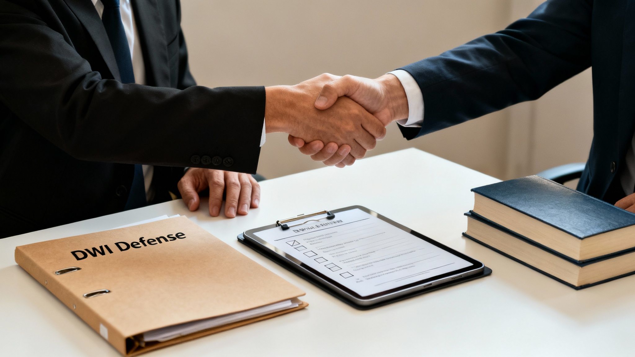 Handshake between two individuals at a table, with a folder labeled "DWI Defense" and a checklist on a clipboard, symbolizing legal consultation and DWI defense strategy.