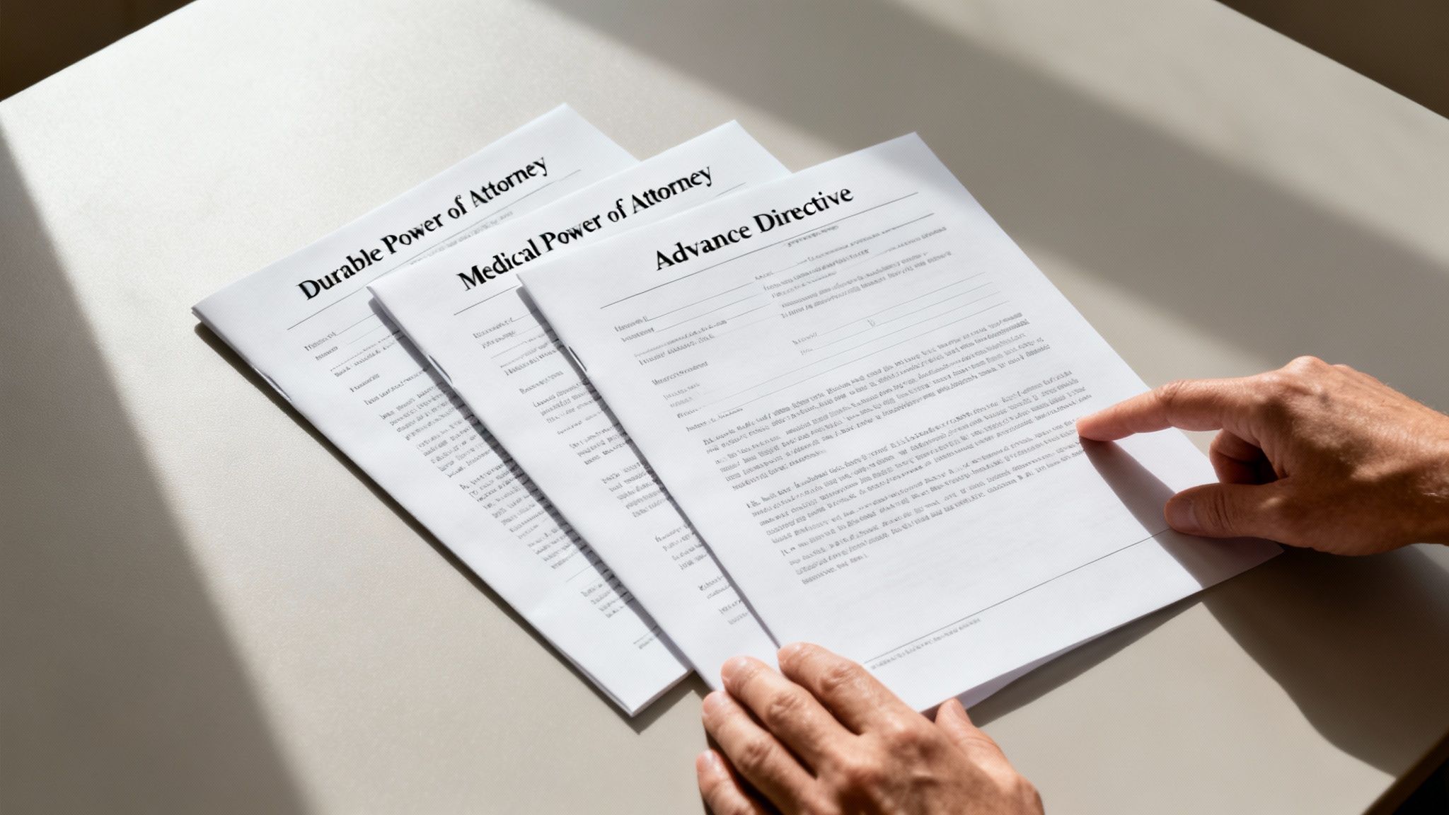 Hands reviewing legal documents for estate planning: Durable Power of Attorney, Medical Power of Attorney, and Advance Directive.