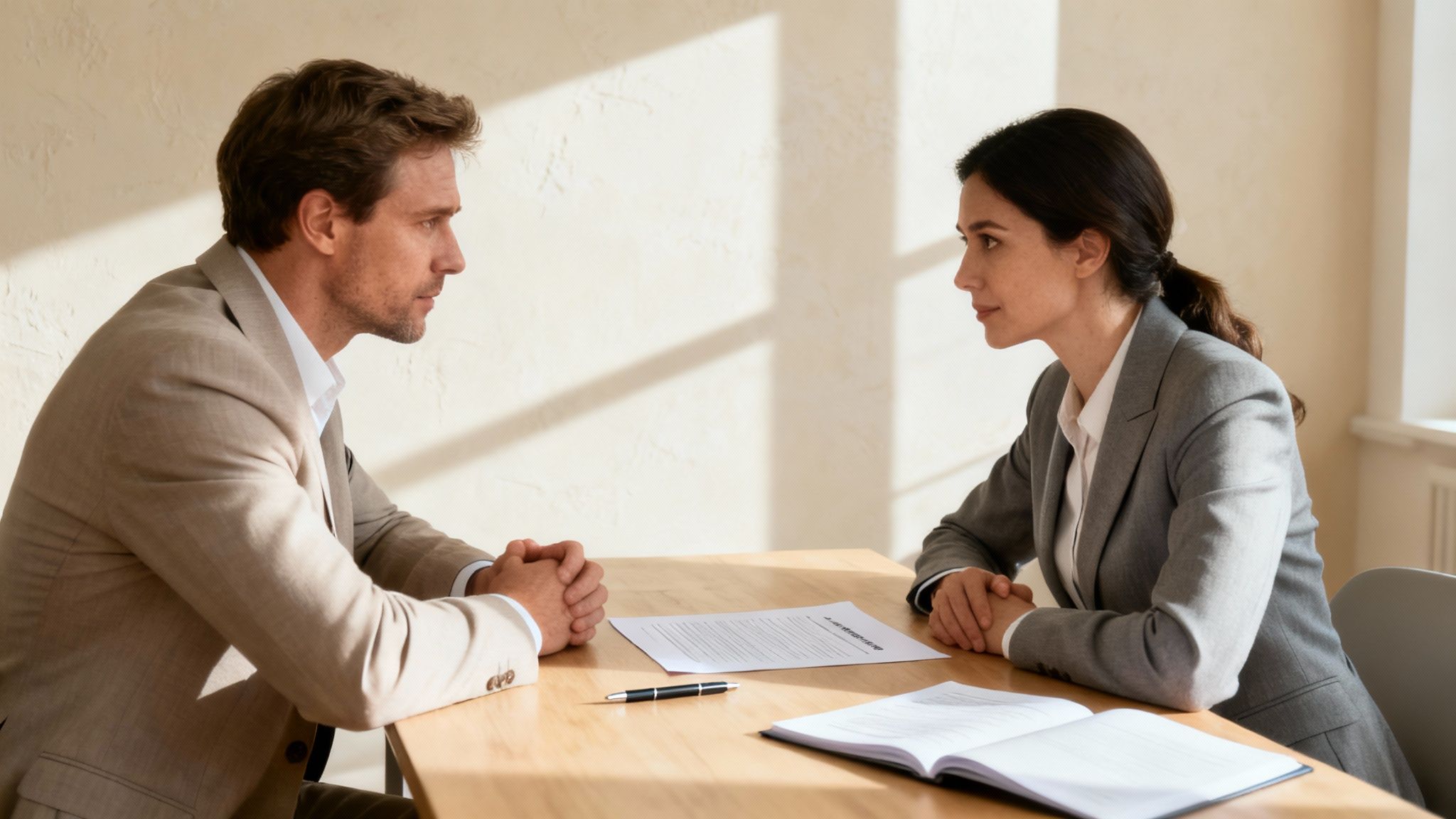 Un padre y un abogado revisando documentos juntos en una oficina, simbolizando la acción legal y la defensa.