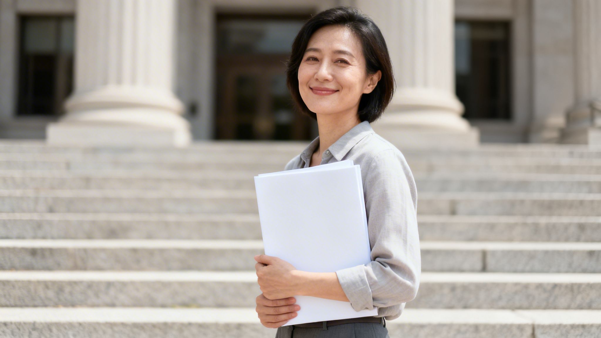 A smiling Asian woman holds white folders, standing outside a building with classical columns.