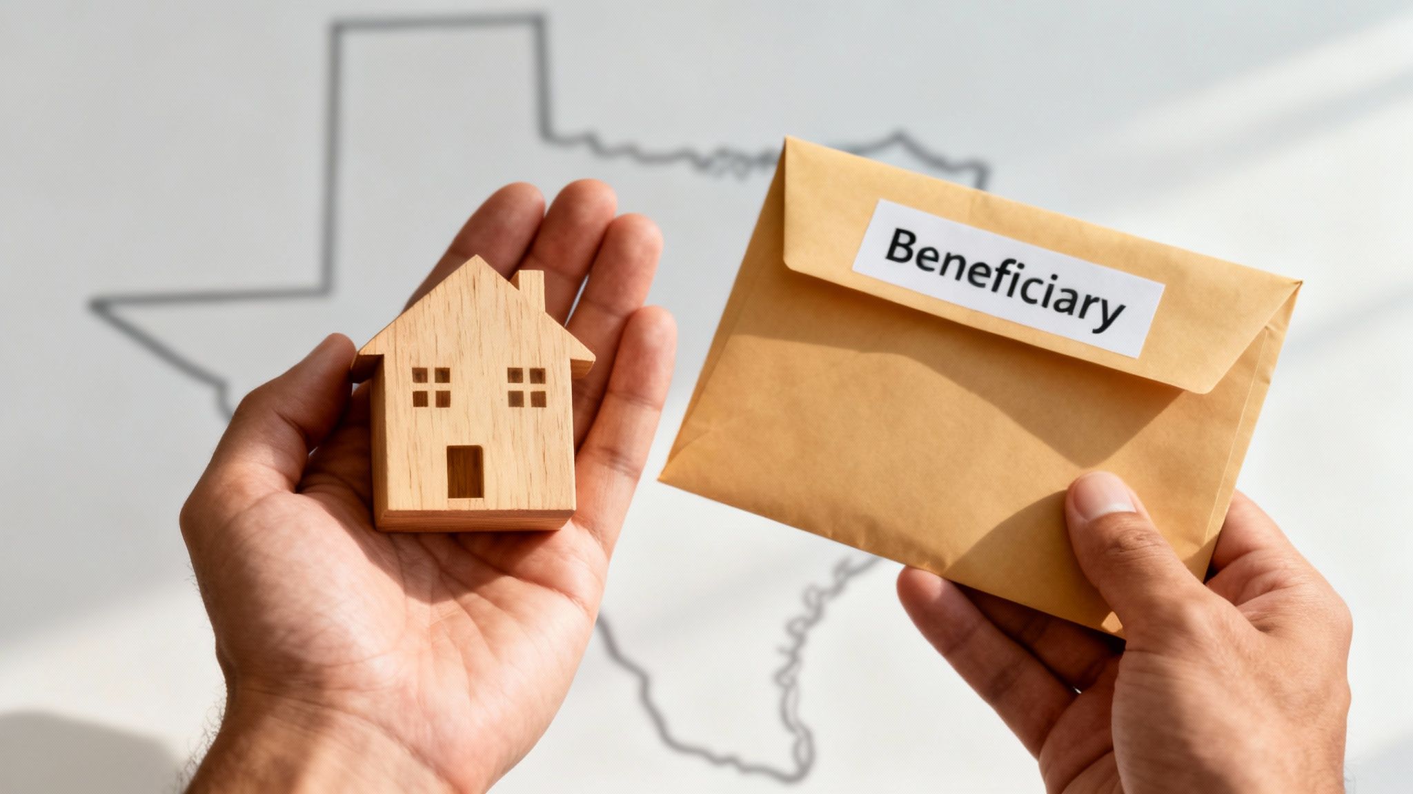 Hands holding wooden house model and beneficiary envelope representing estate transfer