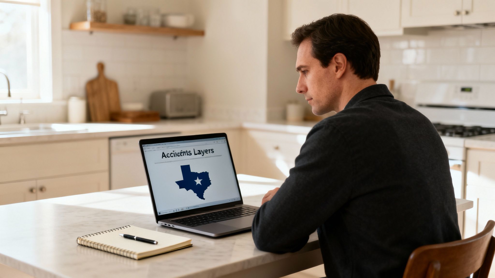 A man sits at a kitchen island, looking at a laptop displaying a Texas map and 'Accidents Layers'.