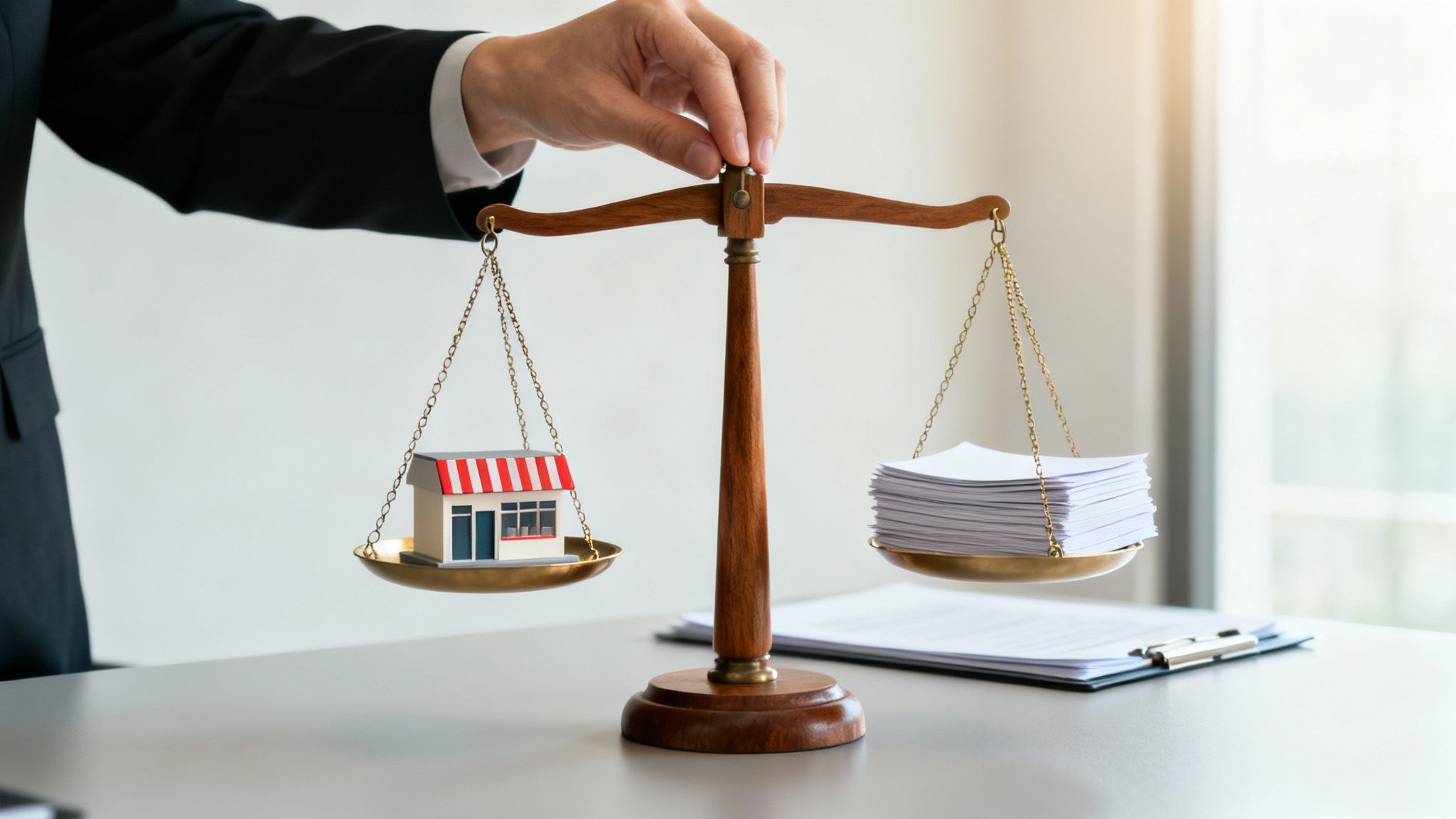 A hand in a suit balances a miniature building and a stack of papers on scales.