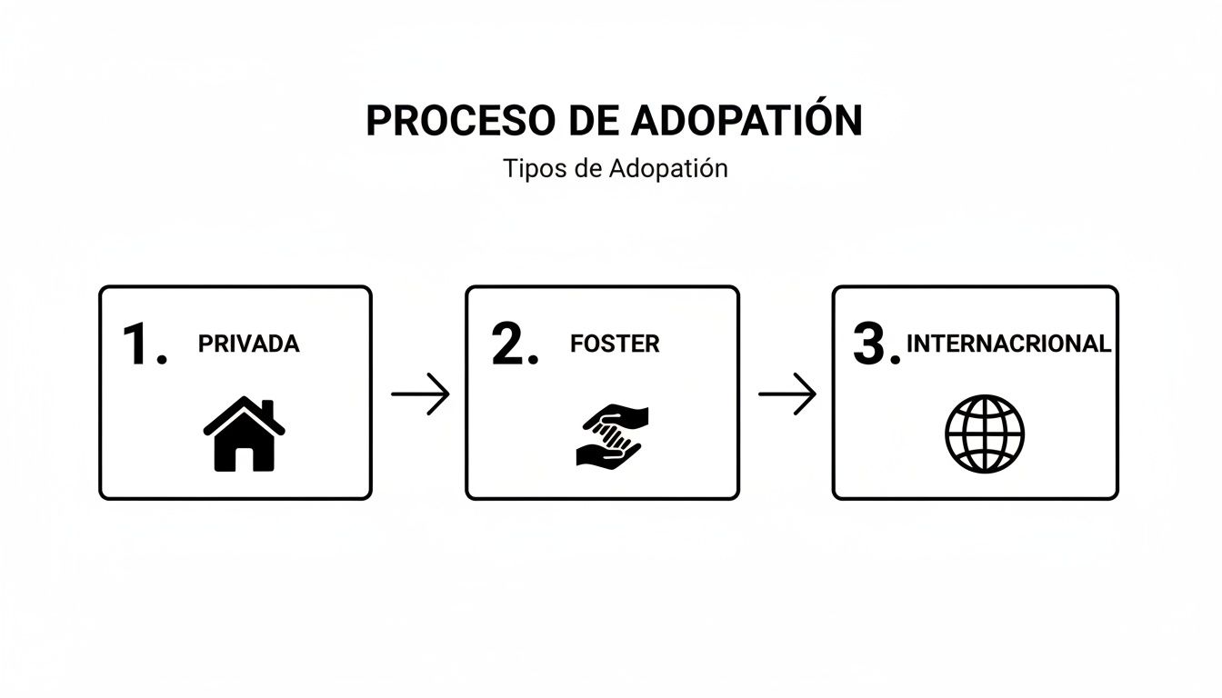 Diagrama que muestra los tres tipos de adopción: privada con una casa, foster con manos, e internacional con un globo.
