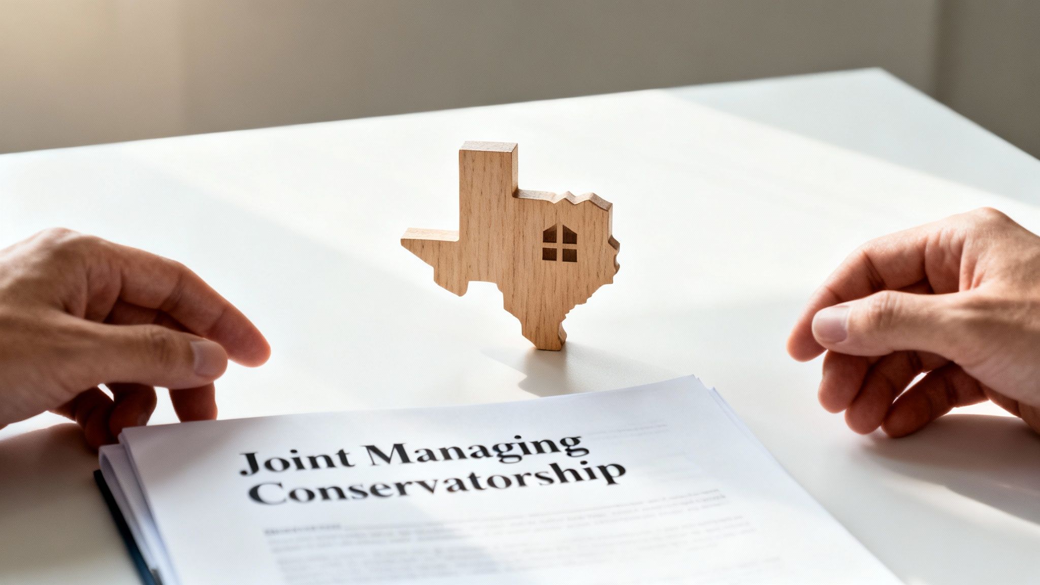 Hands are near a 'Joint Managing Conservatorship' document and a Texas state house model.
