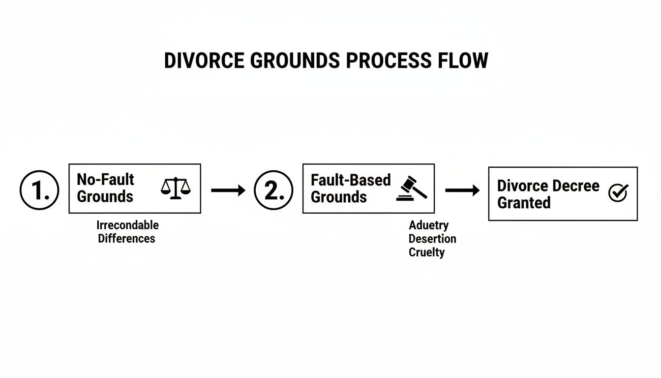 Flowchart illustrating the divorce grounds process, from no-fault to fault-based, leading to a granted divorce decree.