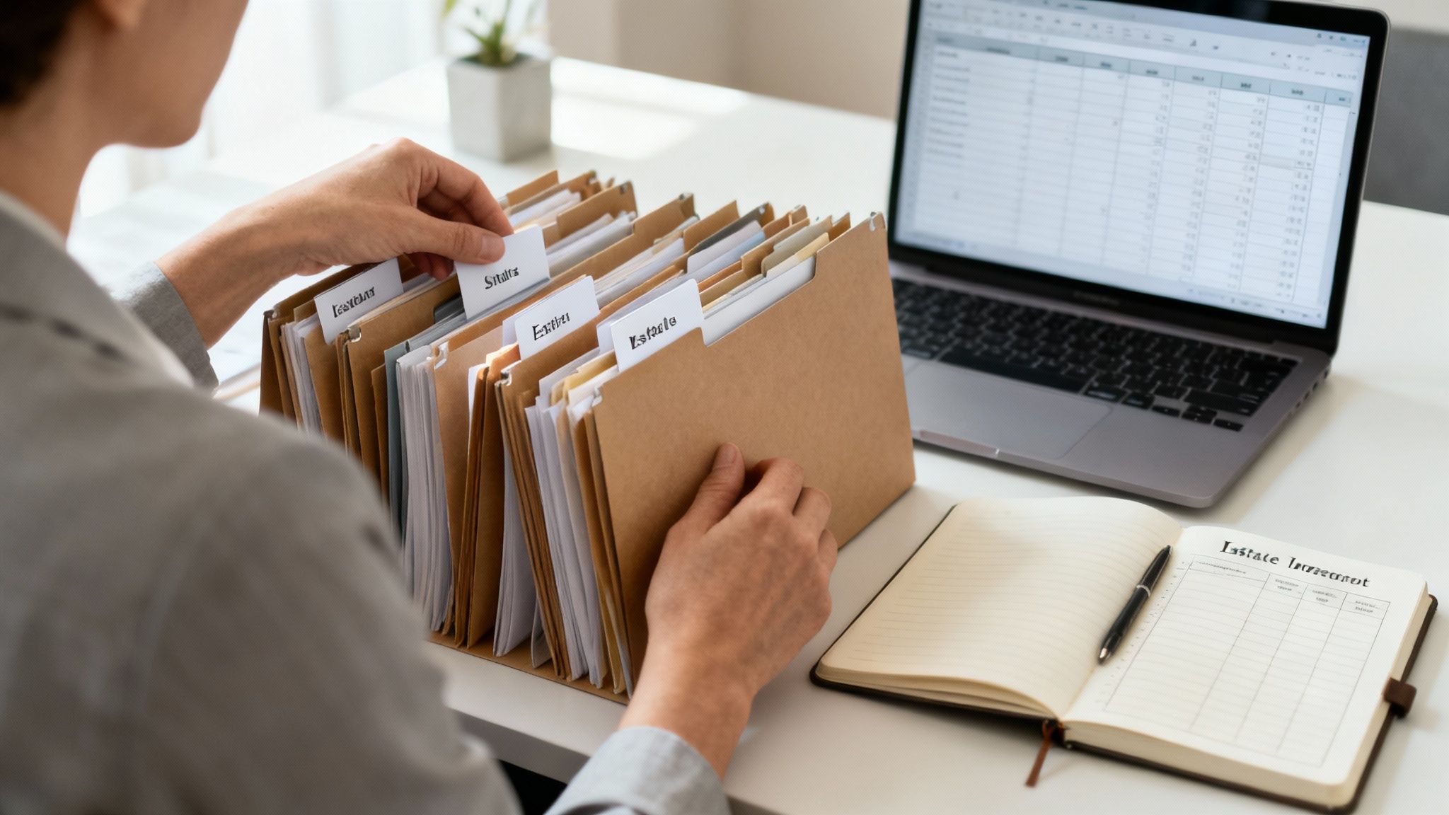 Person organizing estate planning files with labels, a laptop, and 'Estate Investment' notebook visible on a desk.