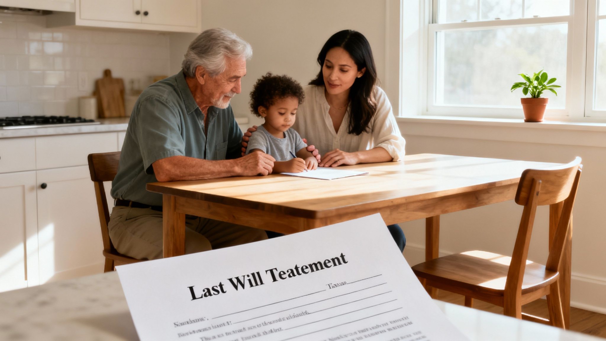 Family discussing last will and testament at a kitchen table, with a focus on the document titled "Last Will Testament" in the foreground, highlighting the importance of estate planning for Texas residents.