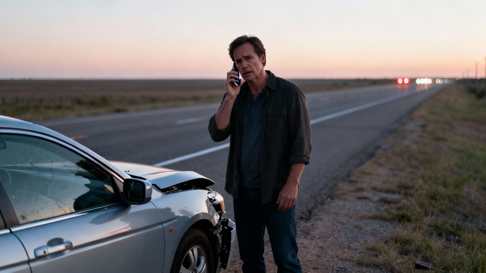 A man talks on a phone next to his crashed car on a highway shoulder at dusk.